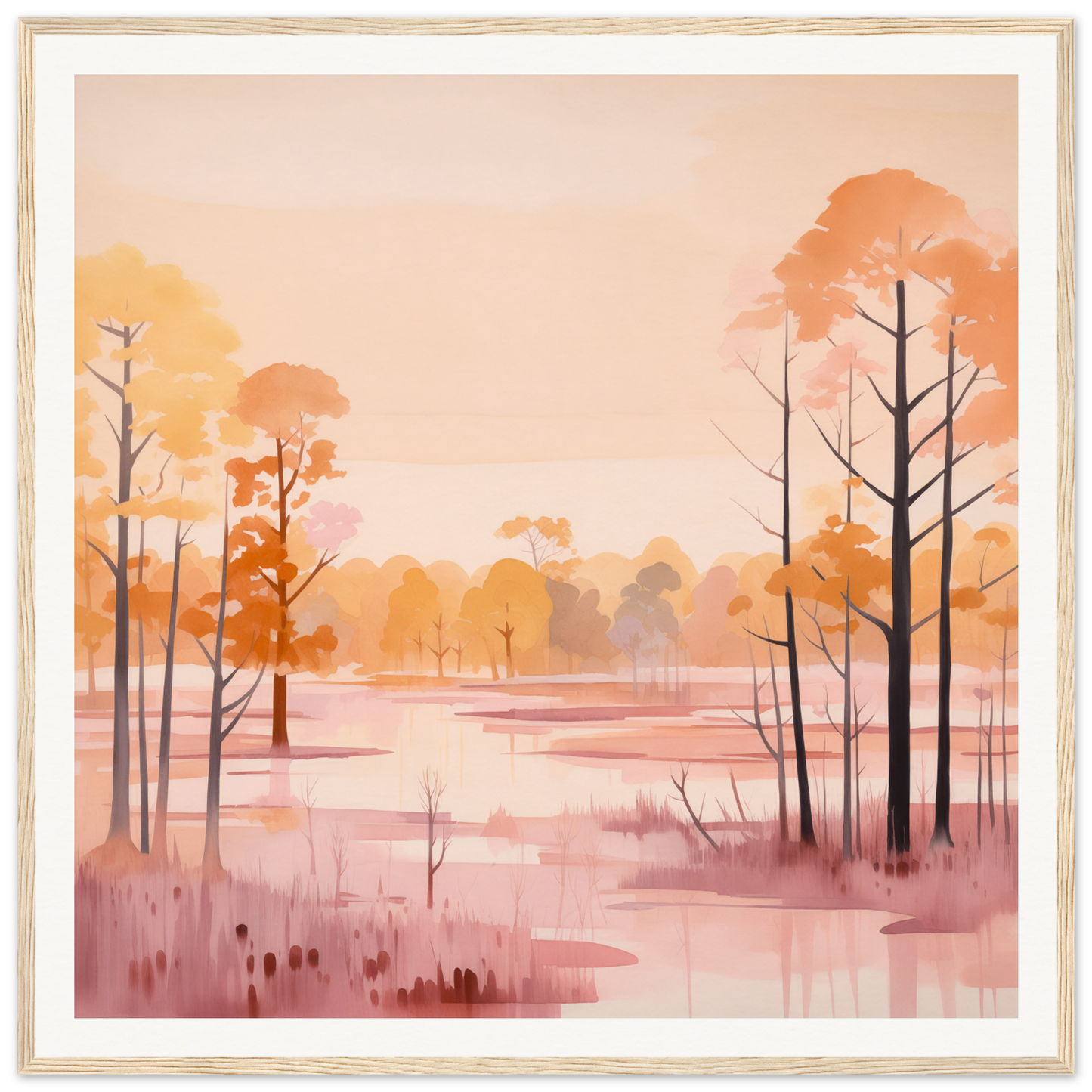 Misty wetland landscape with bare trees in warm autumn colors for Whispered Peach Embrace
