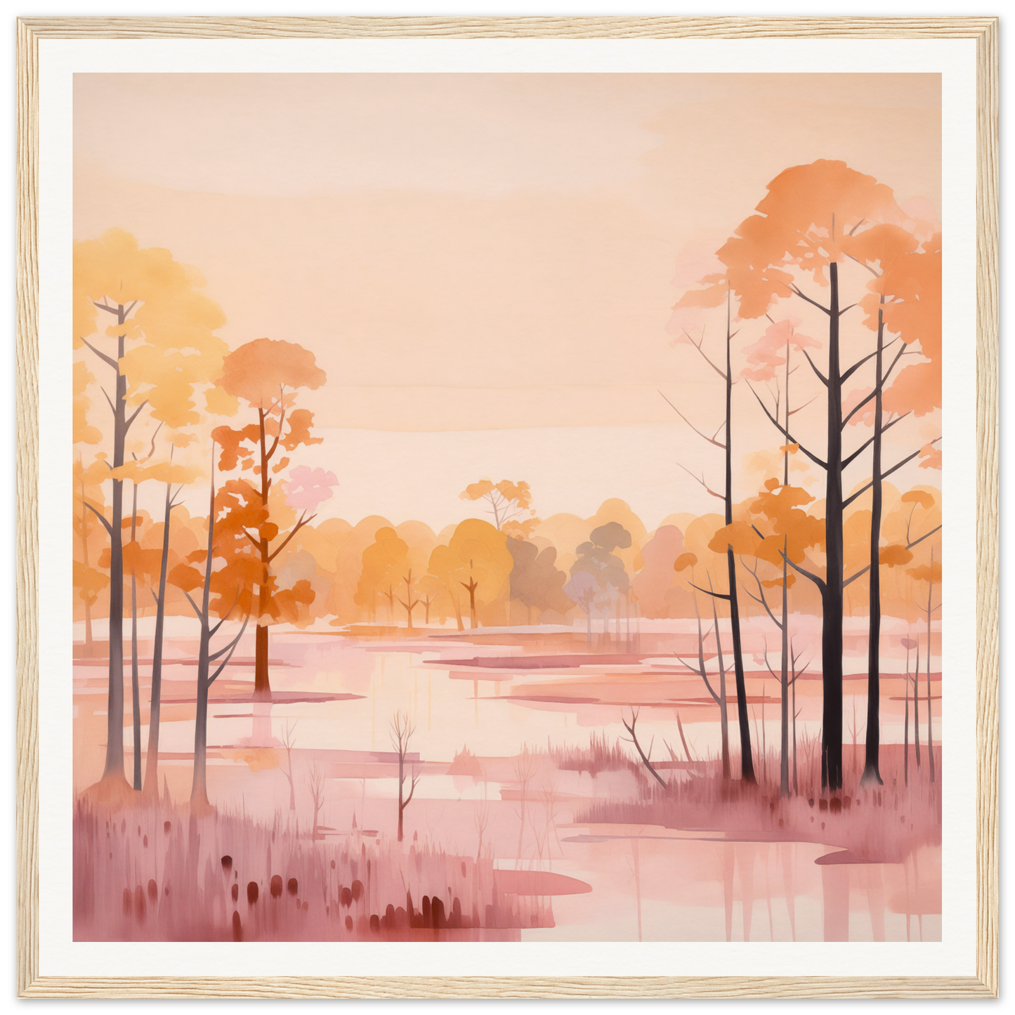 Peaceful watercolor painting of a misty autumn swamp titled Whispered Peach Embrace