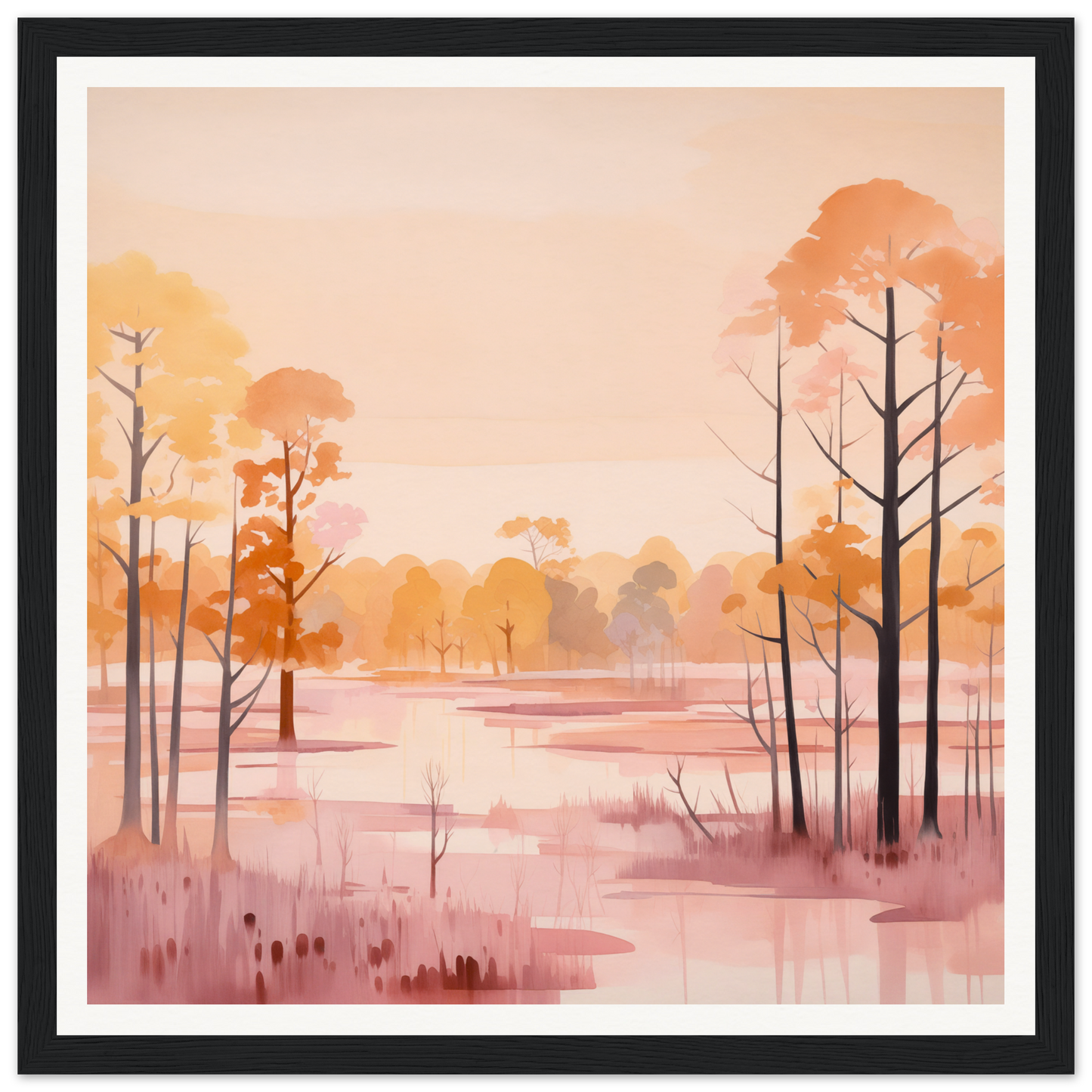 Watercolor painting of an autumn forest scene in whispered peach embrace hues