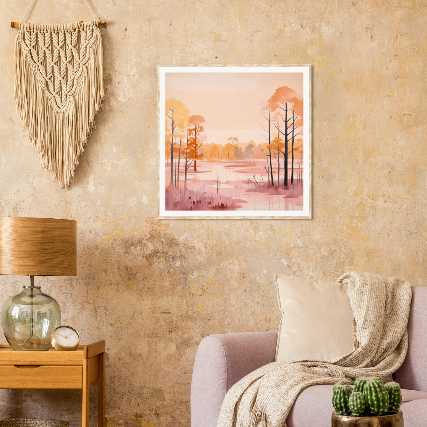 Framed watercolor painting of a misty forest at sunset, Whispered Peach Embrace