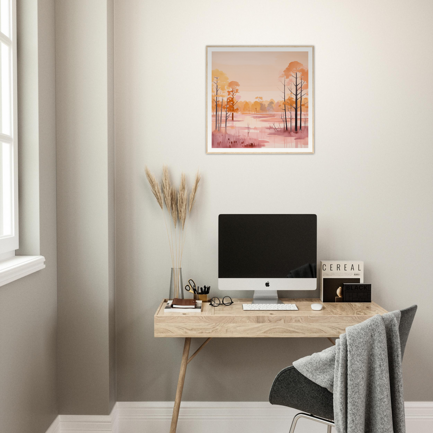 Simple wooden desk with iMac in a setting inspired by Whispered Peach Embrace
