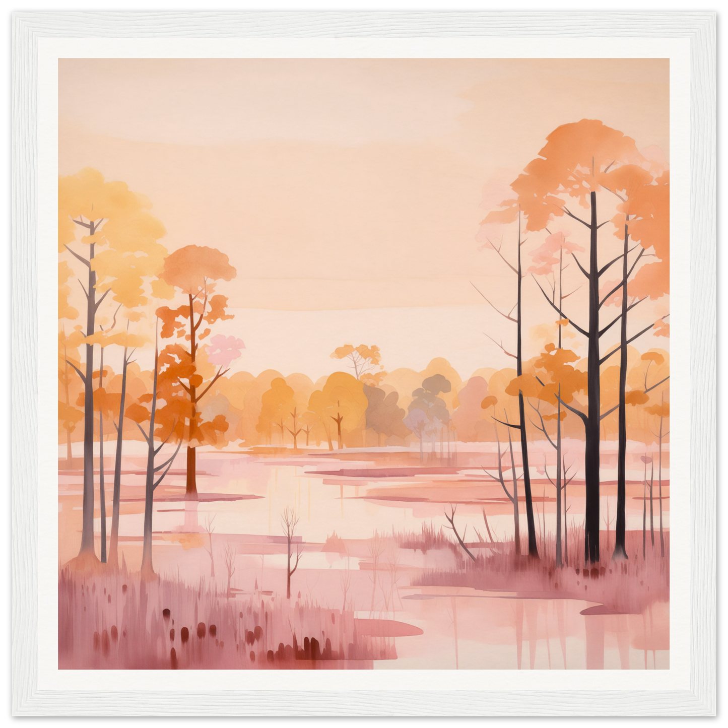 Serene watercolor landscape of autumn trees reflecting in misty water, Whispered Peach Embrace