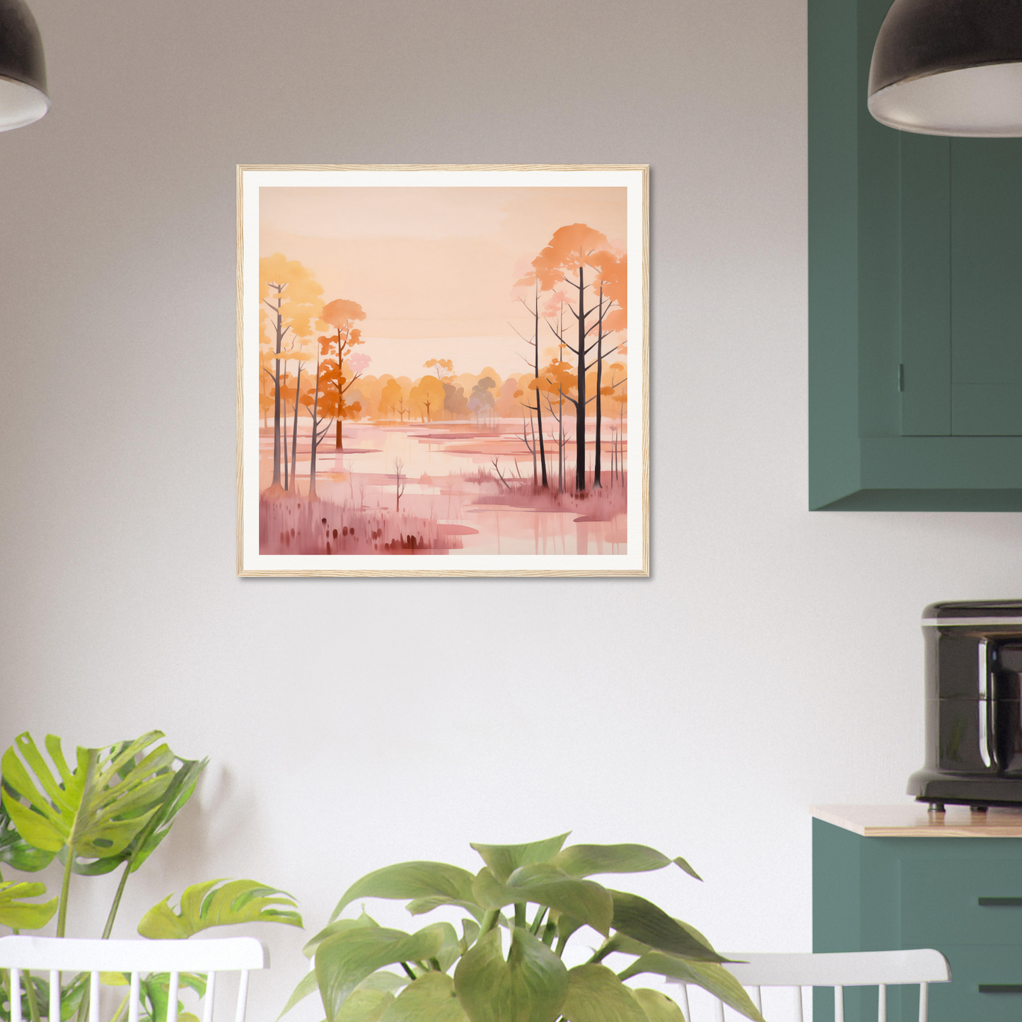 Framed watercolor painting of a sunset landscape in Whispered Peach Embrace hues