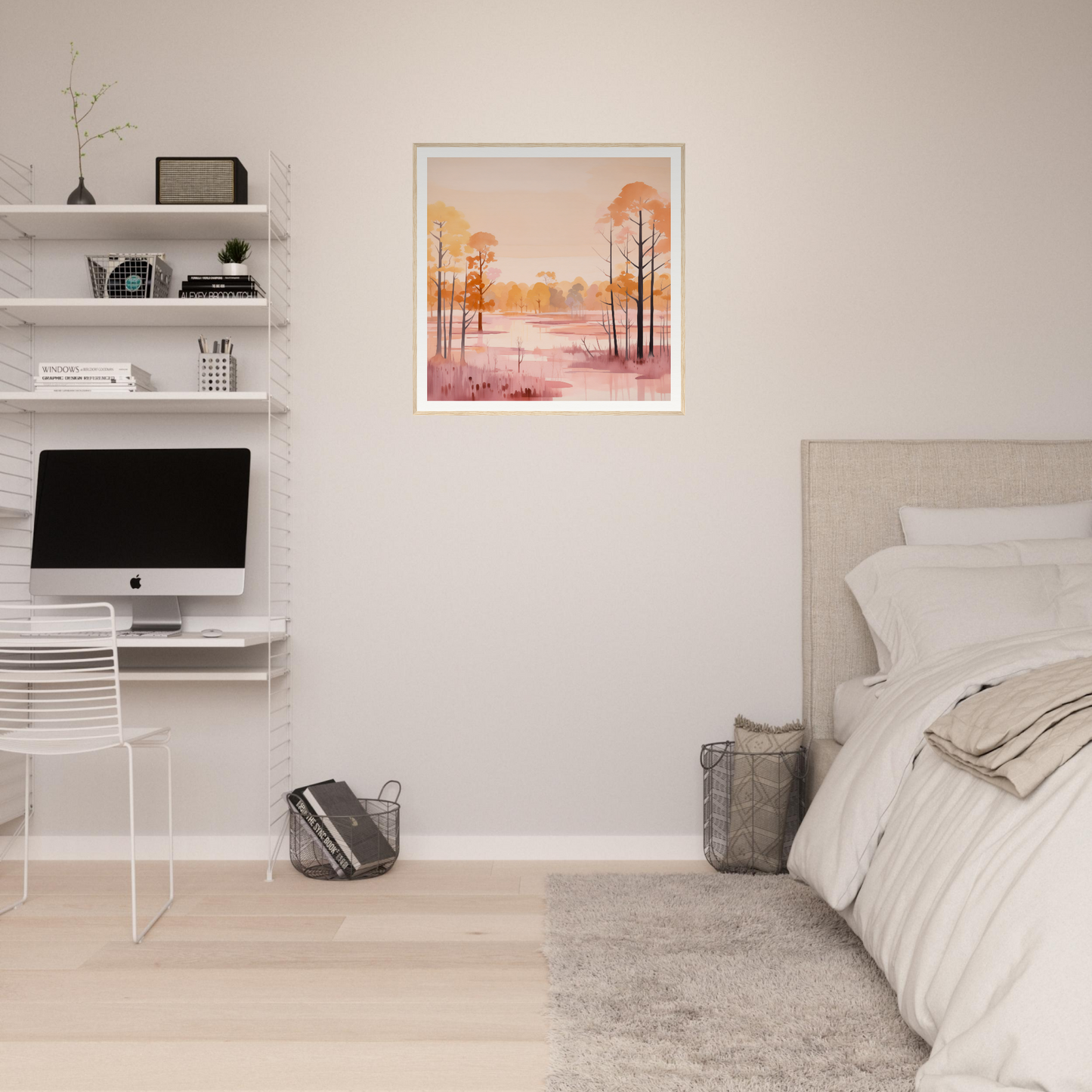 Minimalist bedroom with white floating shelves and a modern workstation in Whispered Peach Embrace