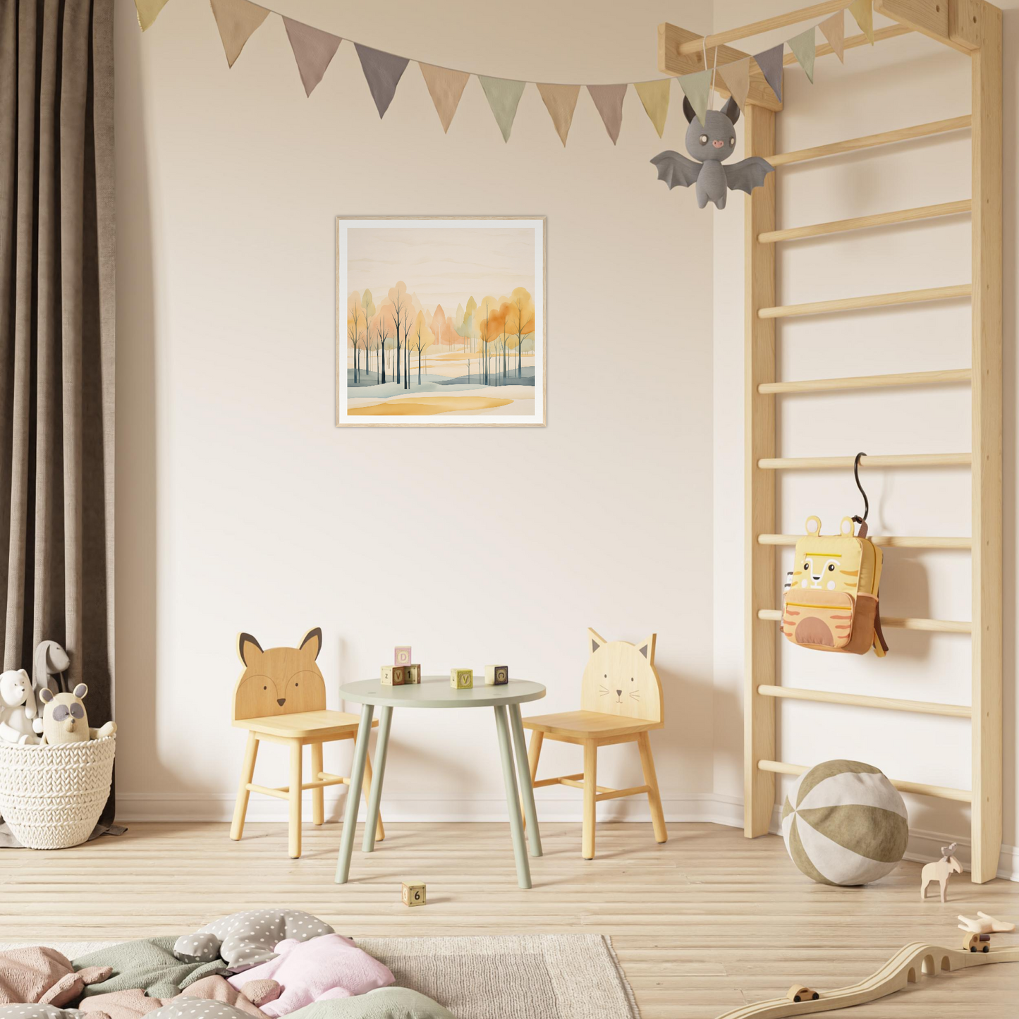 Children’s play area featuring animal-themed chairs and table from Whispering Autumn Reverie