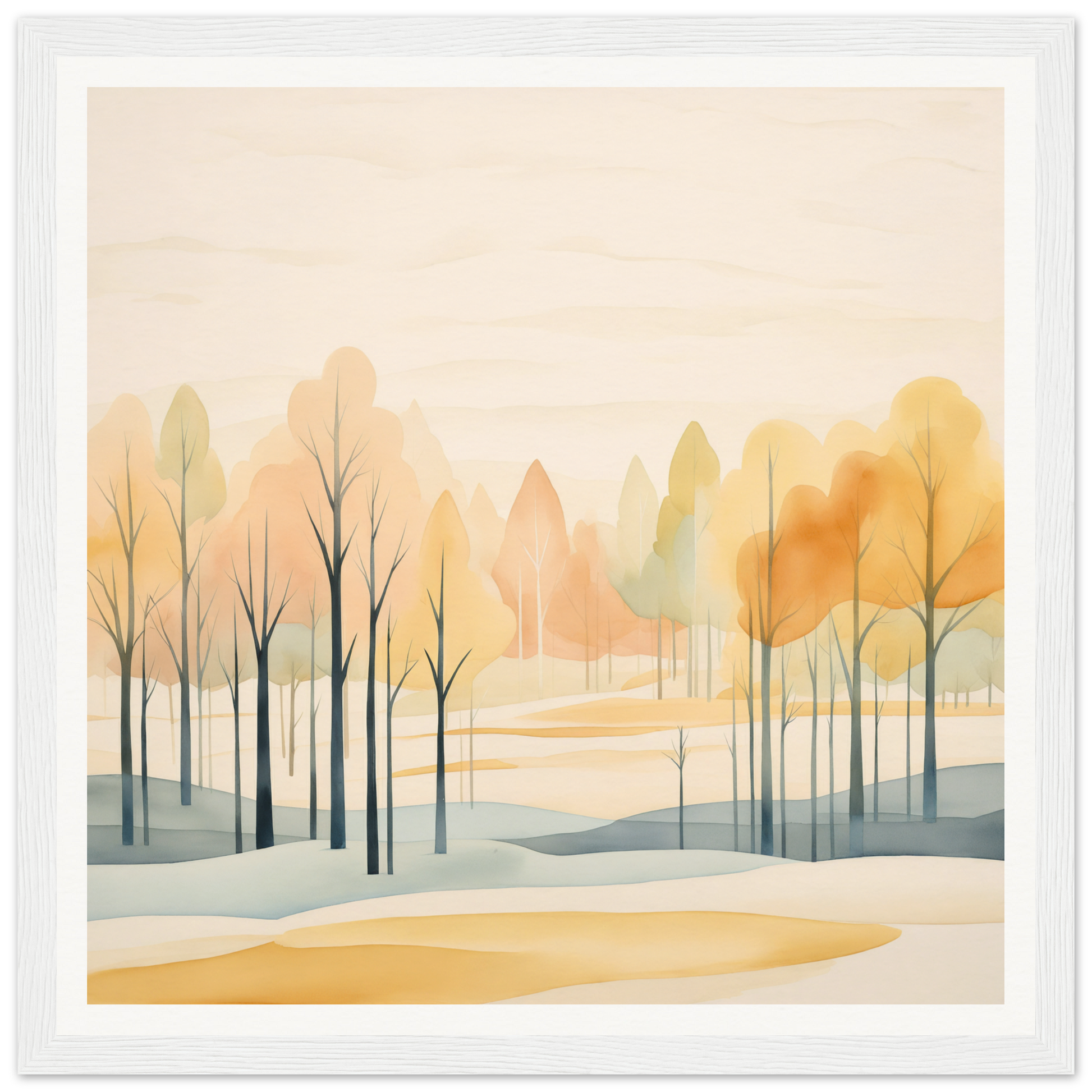 Watercolor painting of autumn trees in muted tones for Whispering Autumn Reverie