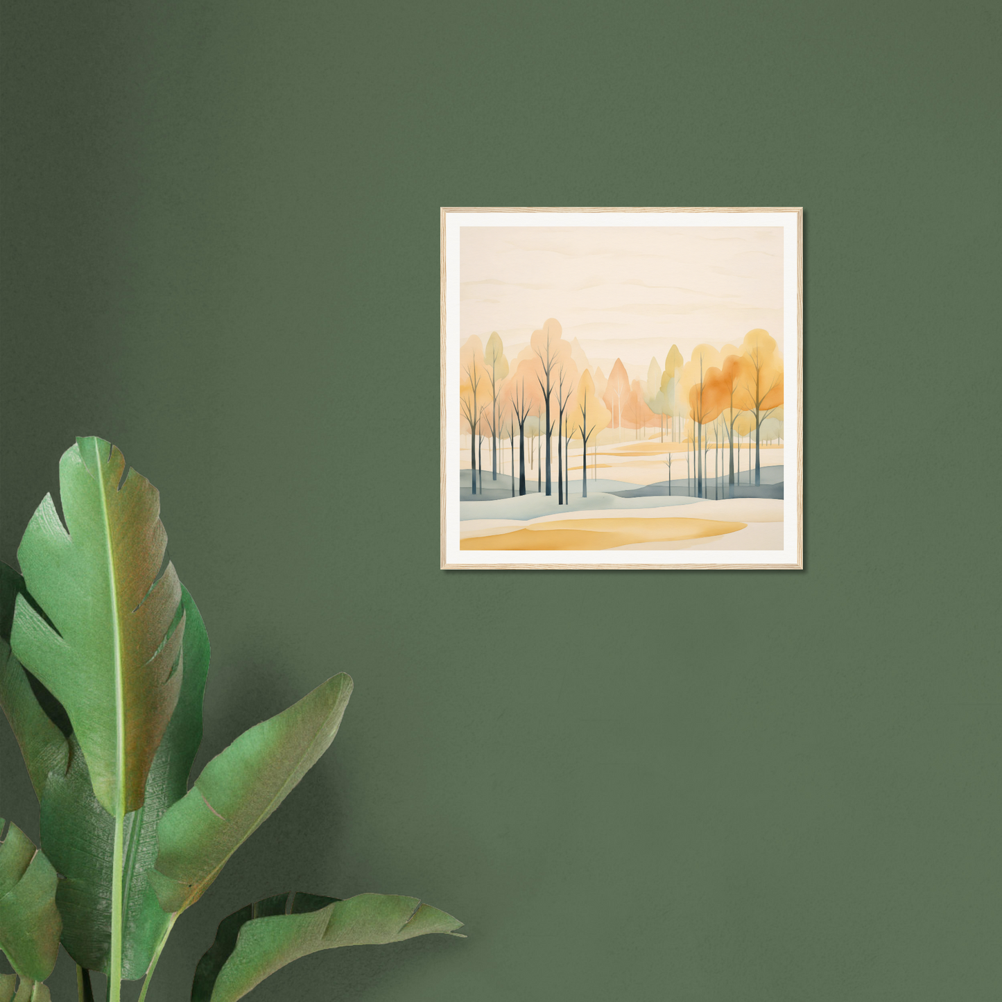 Framed watercolor painting of bare winter trees in Whispering Autumn Reverie