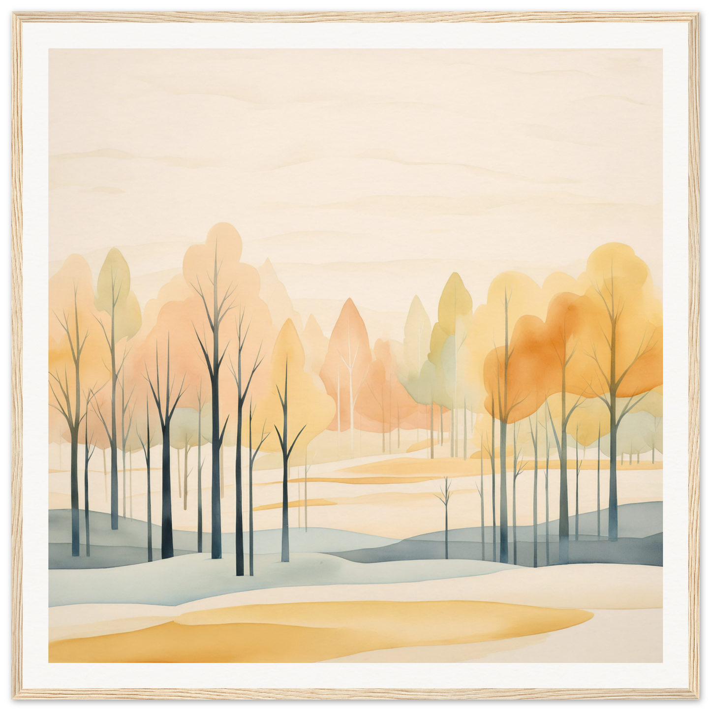 Watercolor painting of a misty autumn forest in Whispering Autumn Reverie