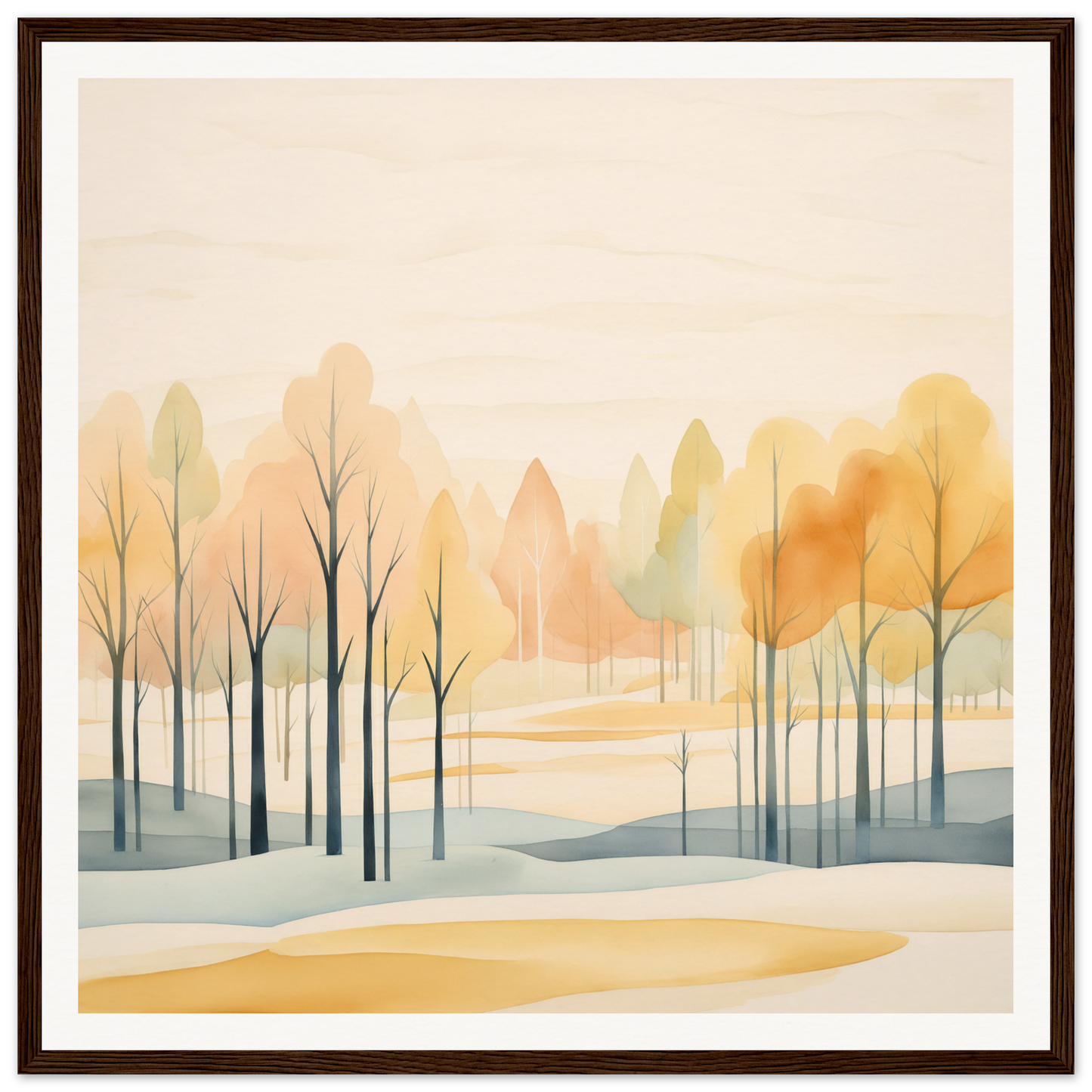 Watercolor painting of a winter forest in warm colors from Whispering Autumn Reverie