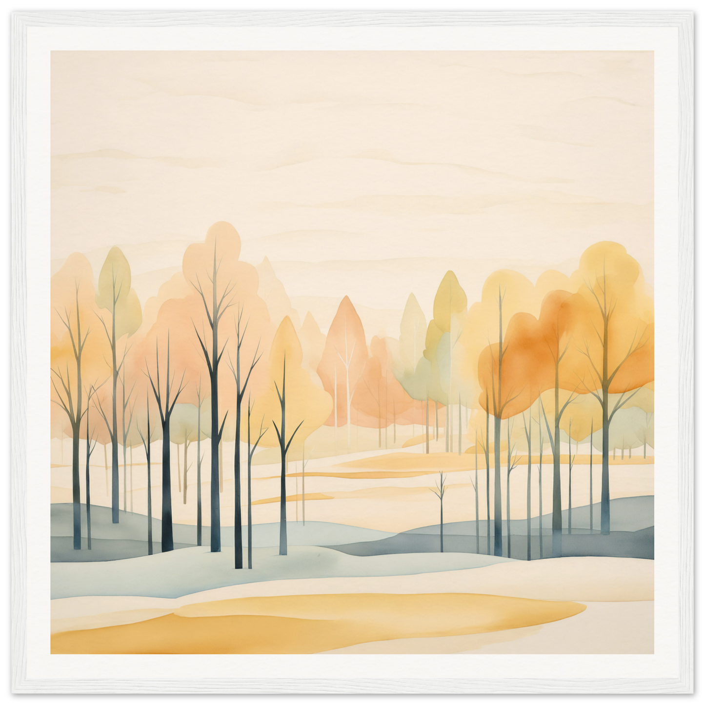 Watercolor painting of winter trees with autumn foliage in Whispering Autumn Reverie
