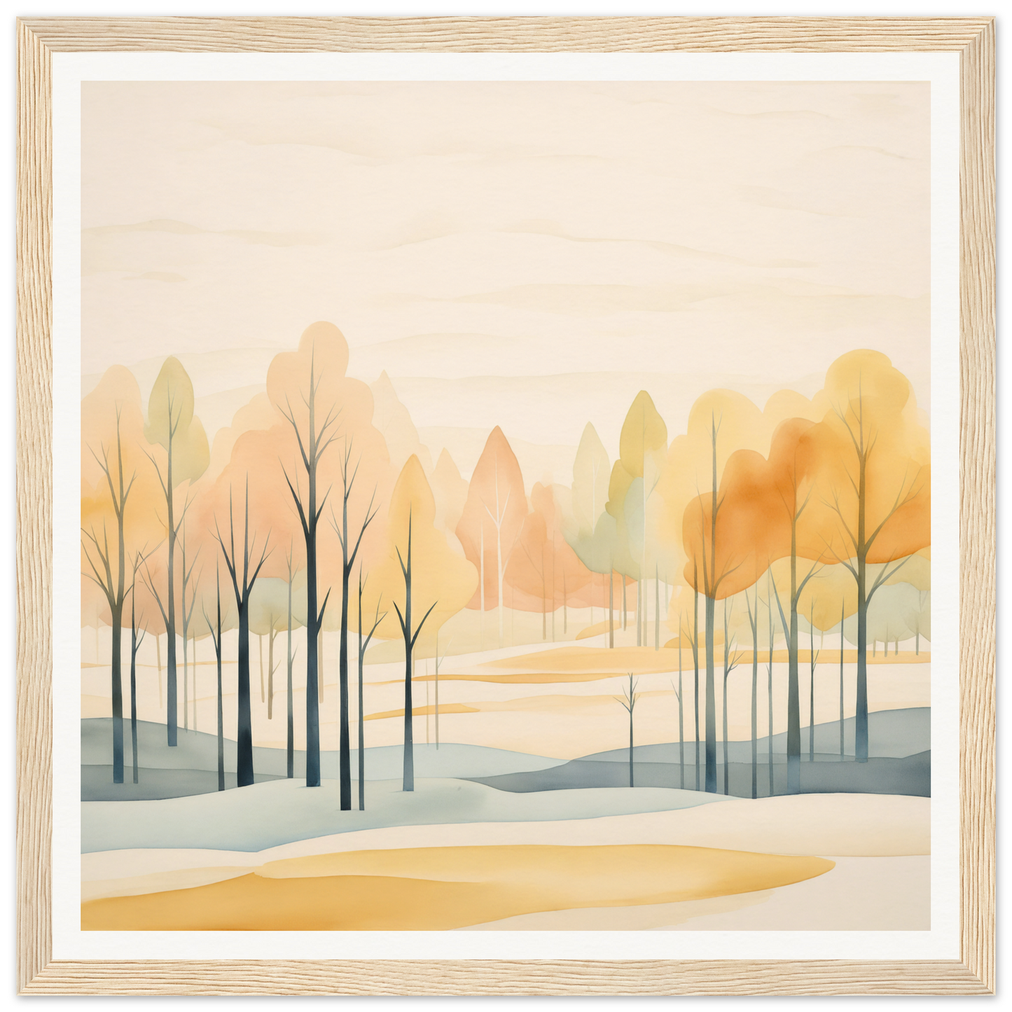 Watercolor painting of muted yellow and gray autumn trees in Whispering Autumn Reverie