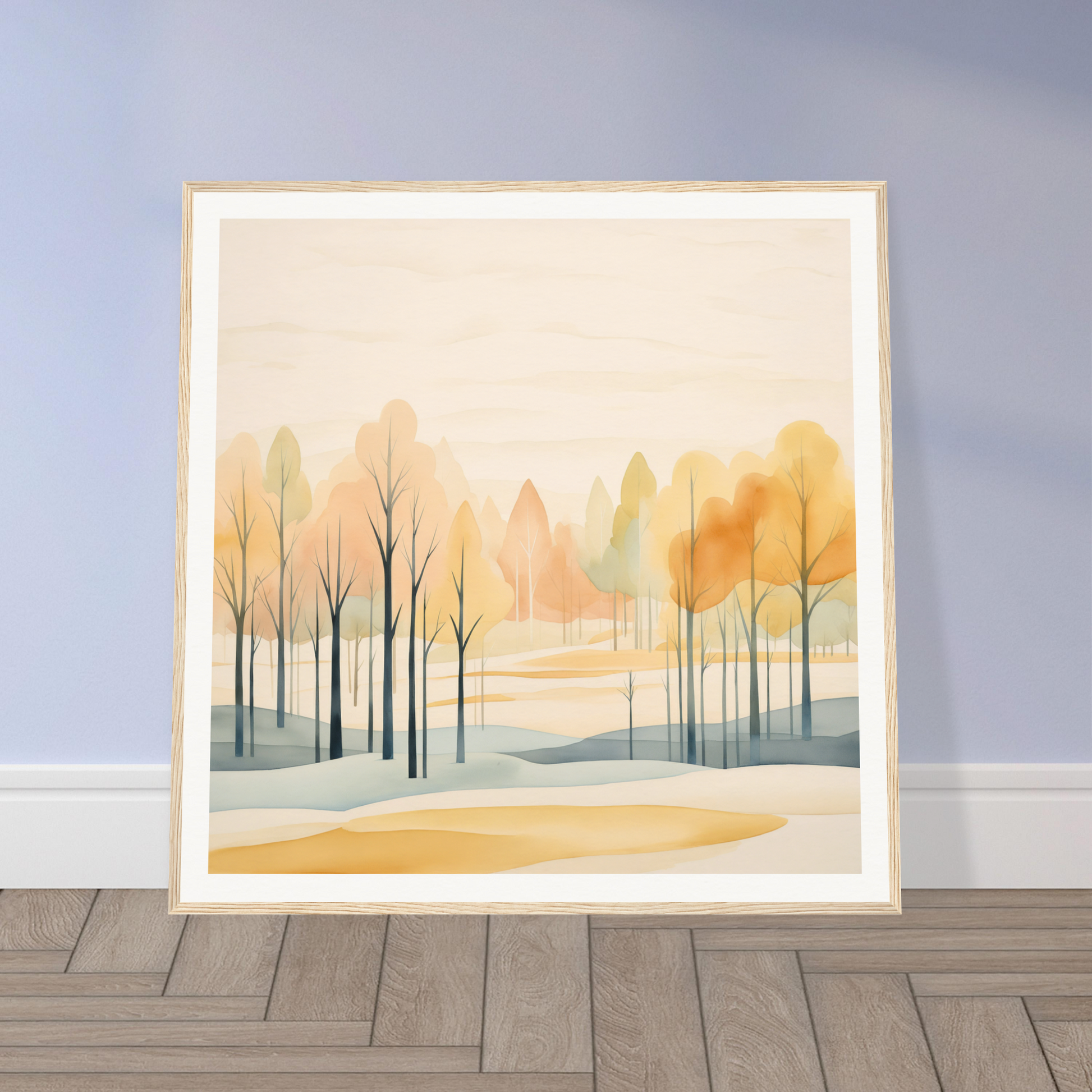 Framed watercolor painting of bare trees in orange and blue, Whispering Autumn Reverie