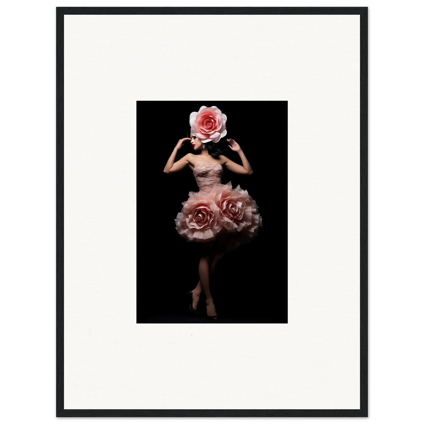Surreal figure with a rose for a head and roses forming a skirt-like shape around the lower body.