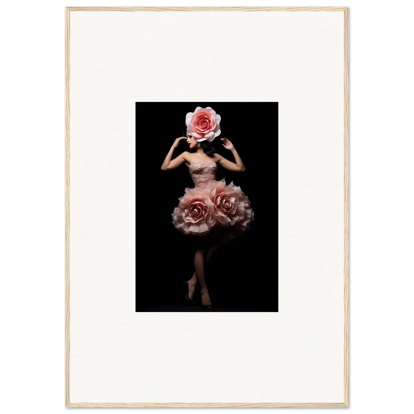 Surreal figure with a rose for a head and roses forming a skirt-like shape around the hips.