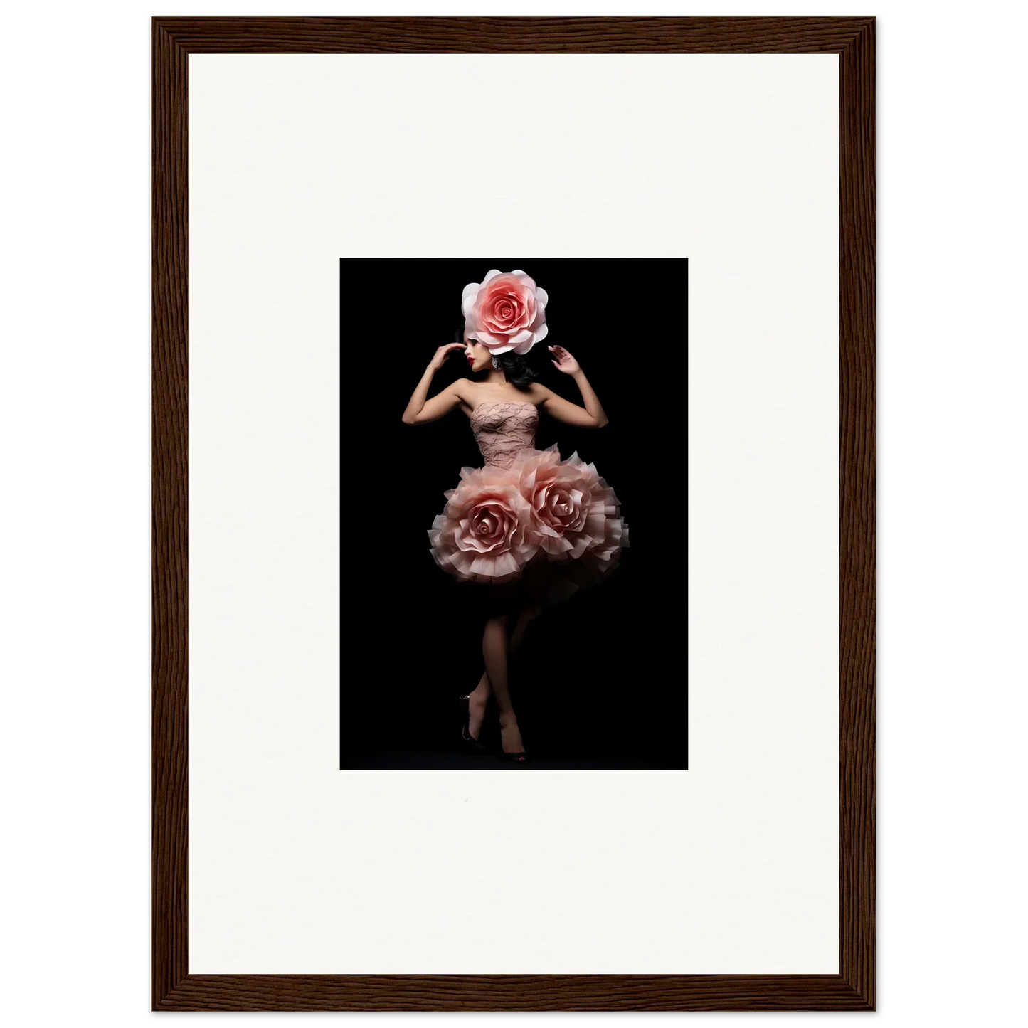 Surreal figure with a rose for a head and roses forming a skirt-like shape around the lower body.