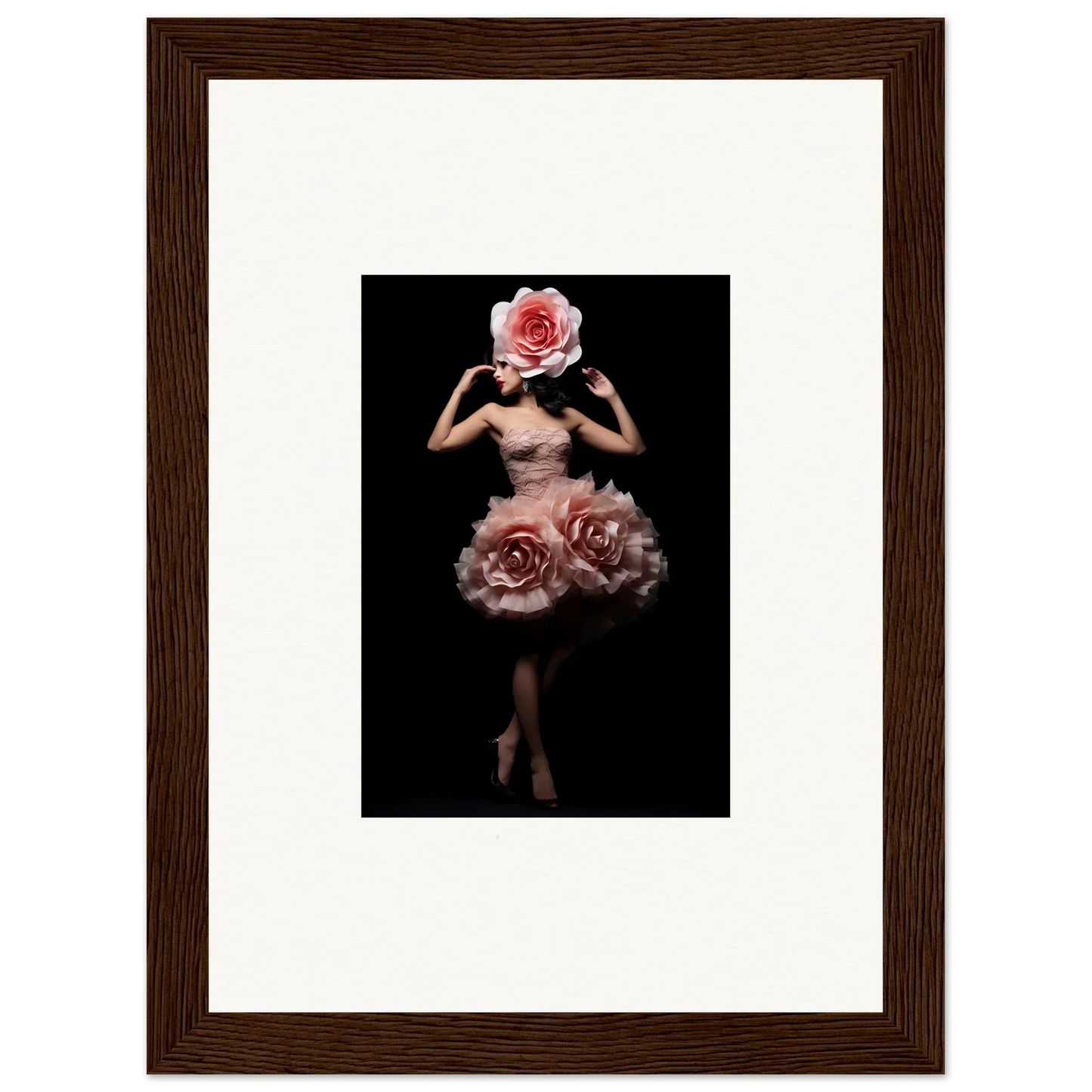 Surreal figure with a rose for a head and roses forming a skirt-like shape around the lower body.