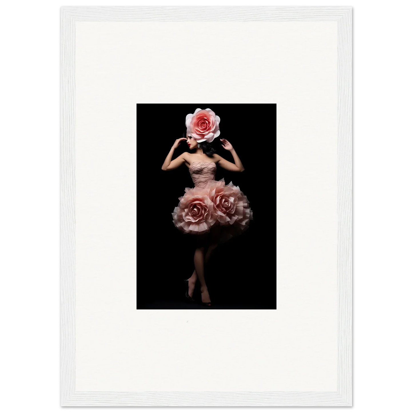 Surreal figure with a rose for a head and roses forming a skirt-like shape around the hips.