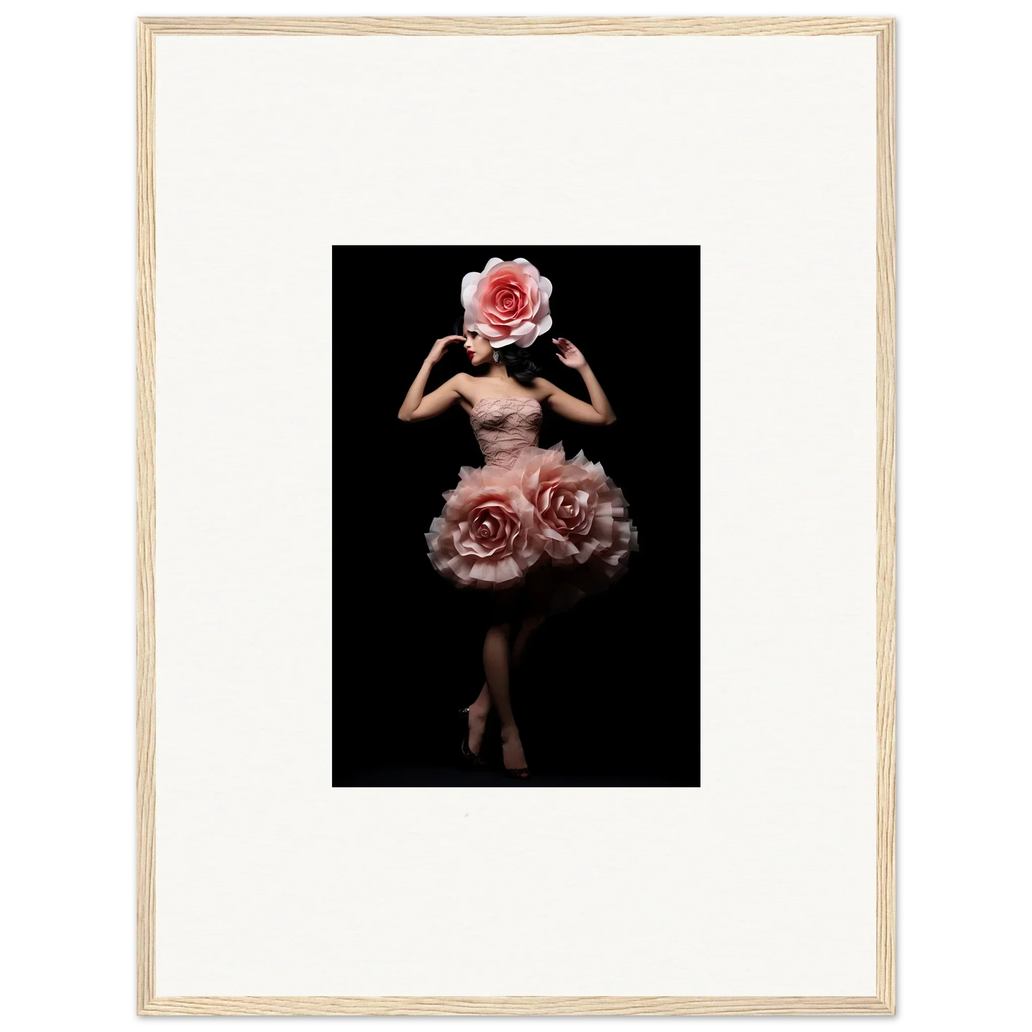 Surreal figure with a rose for a head and roses forming a skirt-like shape around the lower body.