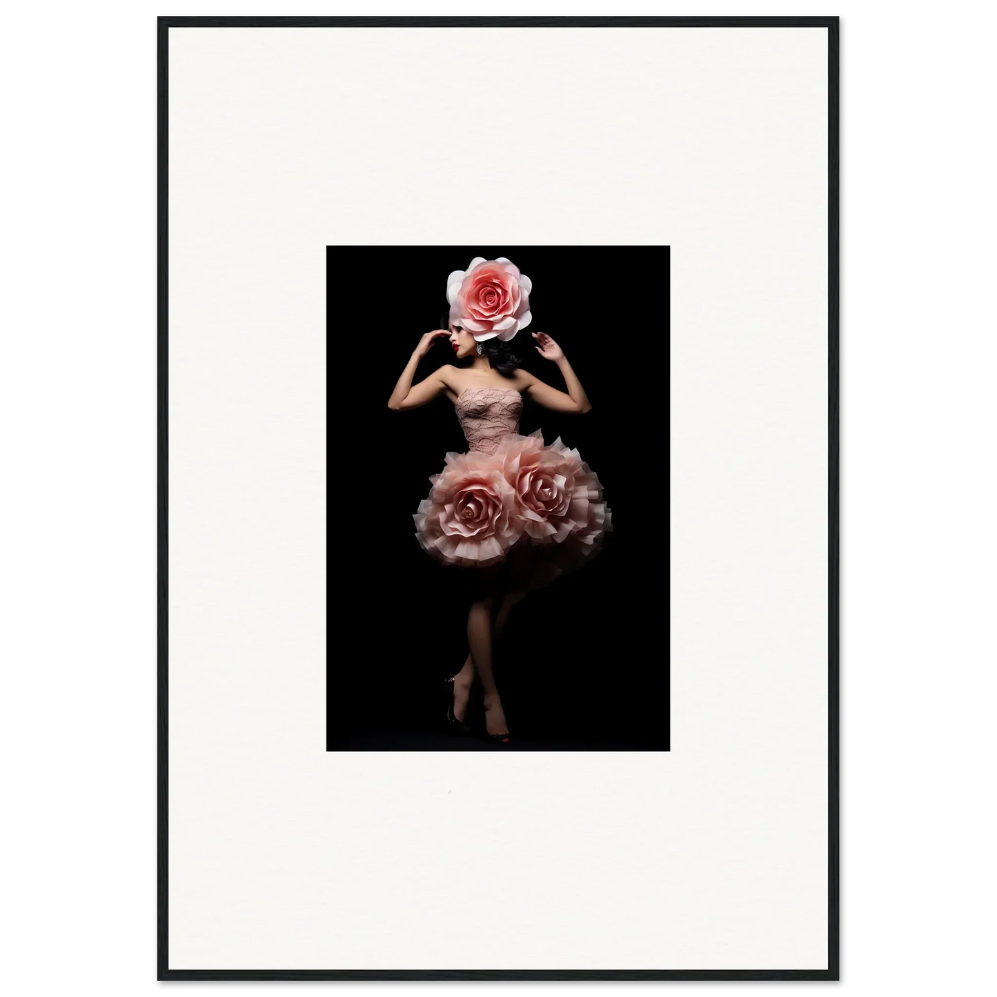 Surreal figure with a rose for a head and roses forming a skirt-like shape around the hips.