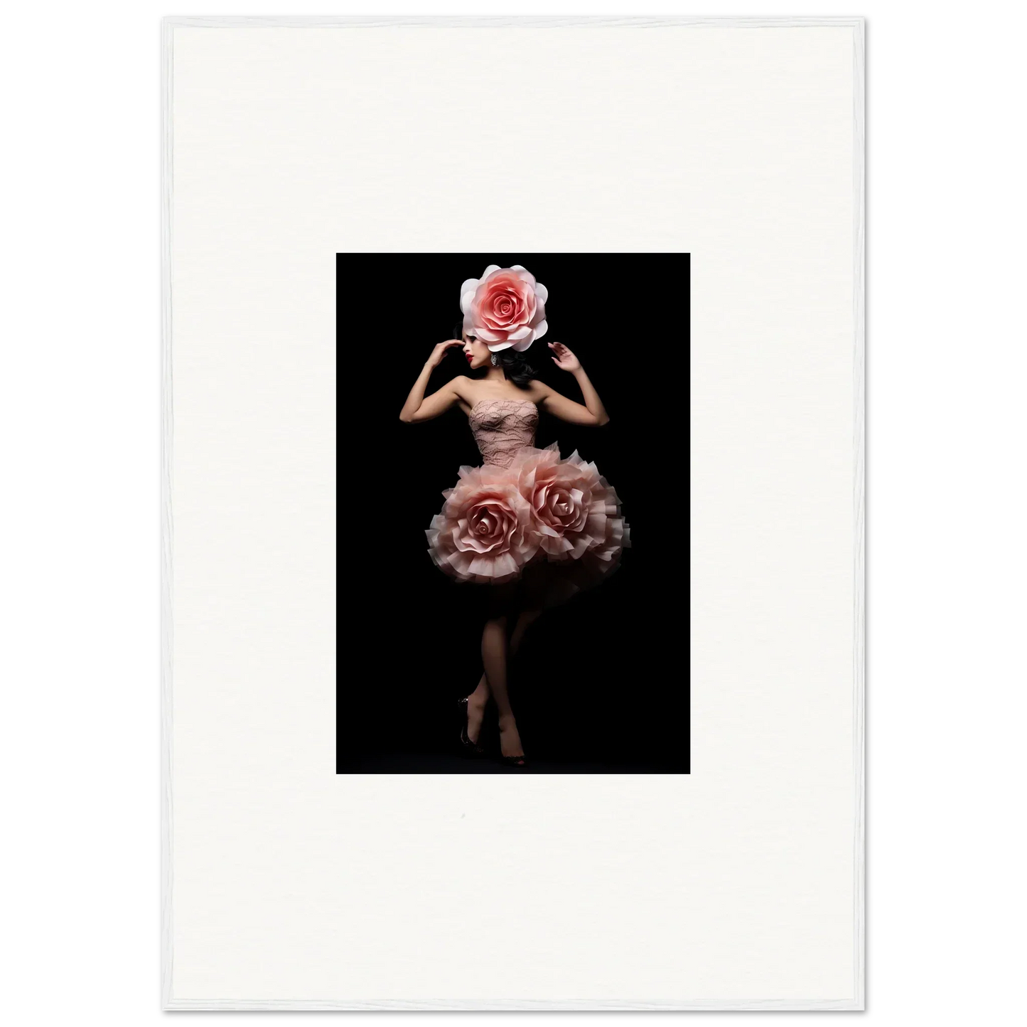 Surreal figure with a rose for a head and roses forming a skirt-like shape around the lower body.
