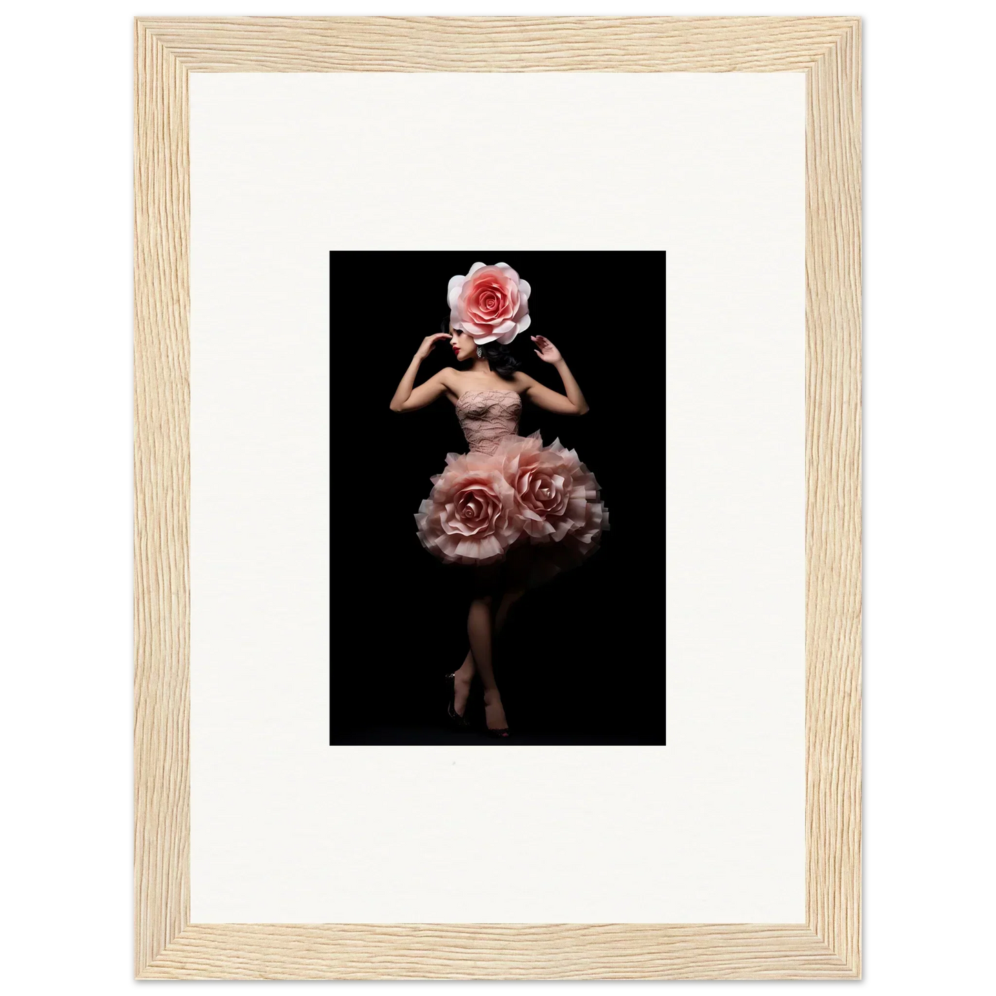 Surreal figure with a rose for a head and roses forming a skirt-like shape around the lower body.