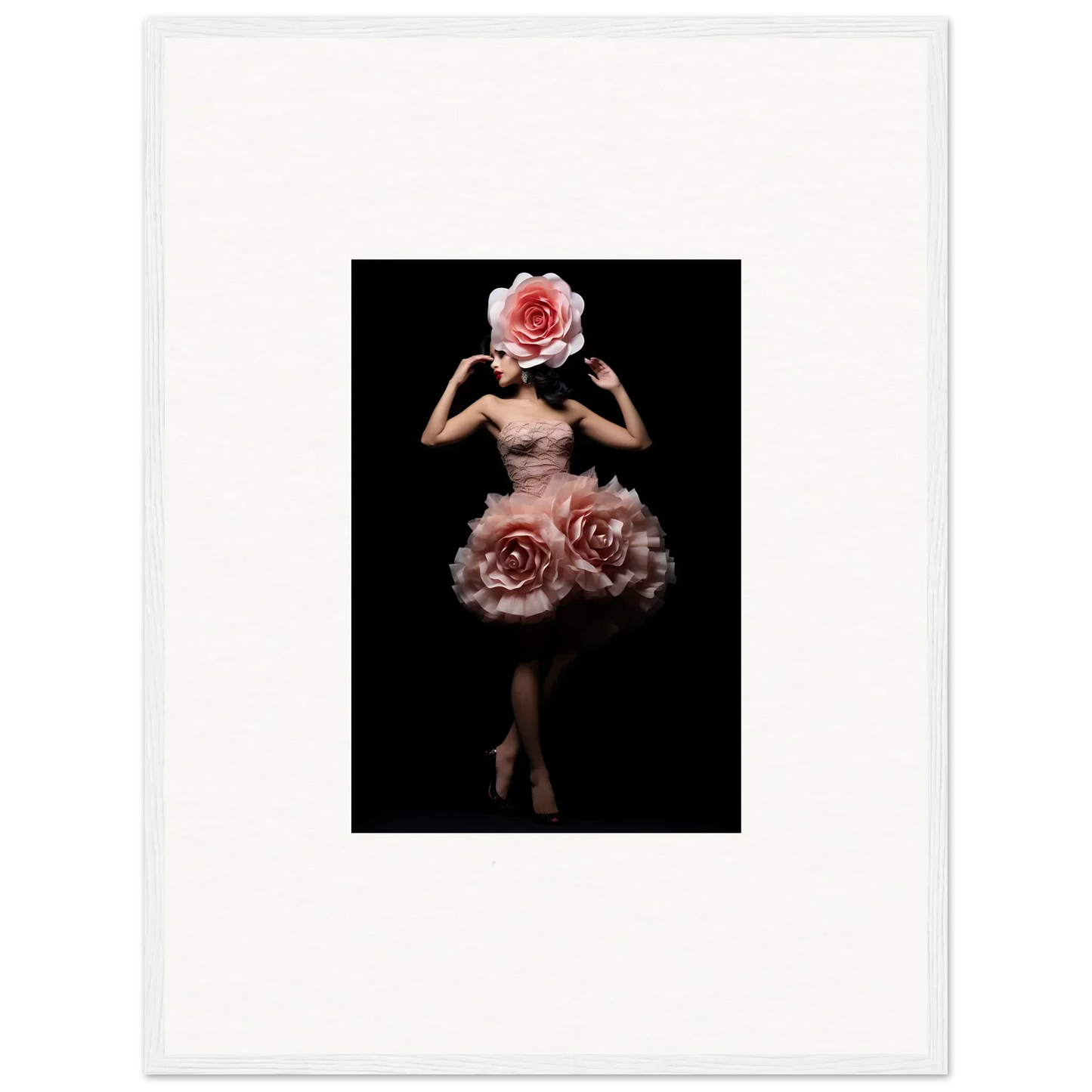 Surreal figure with a rose for a head and roses forming a skirt-like shape around the lower body.