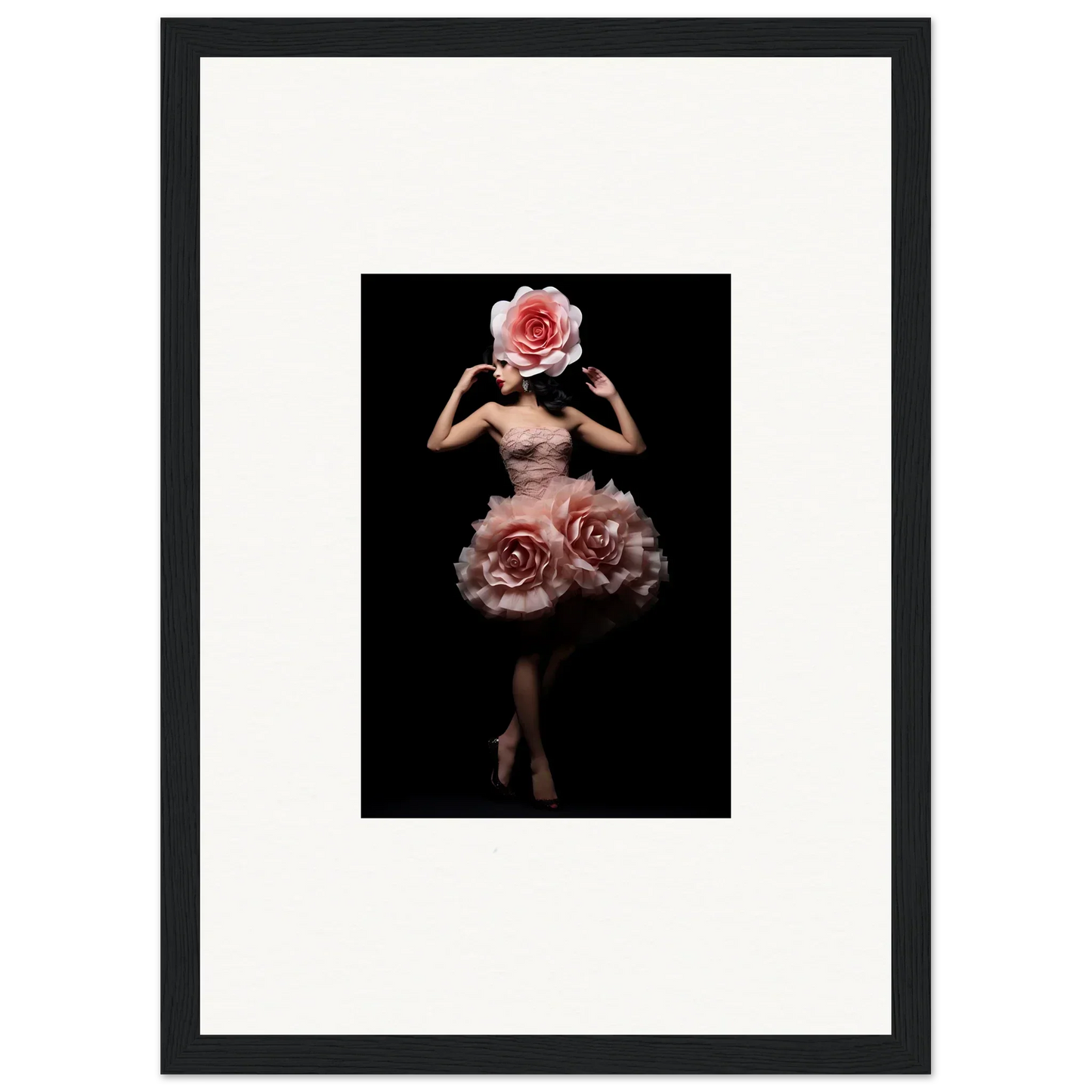Surreal figure with a rose for a head and roses forming a skirt-like shape around the lower body.