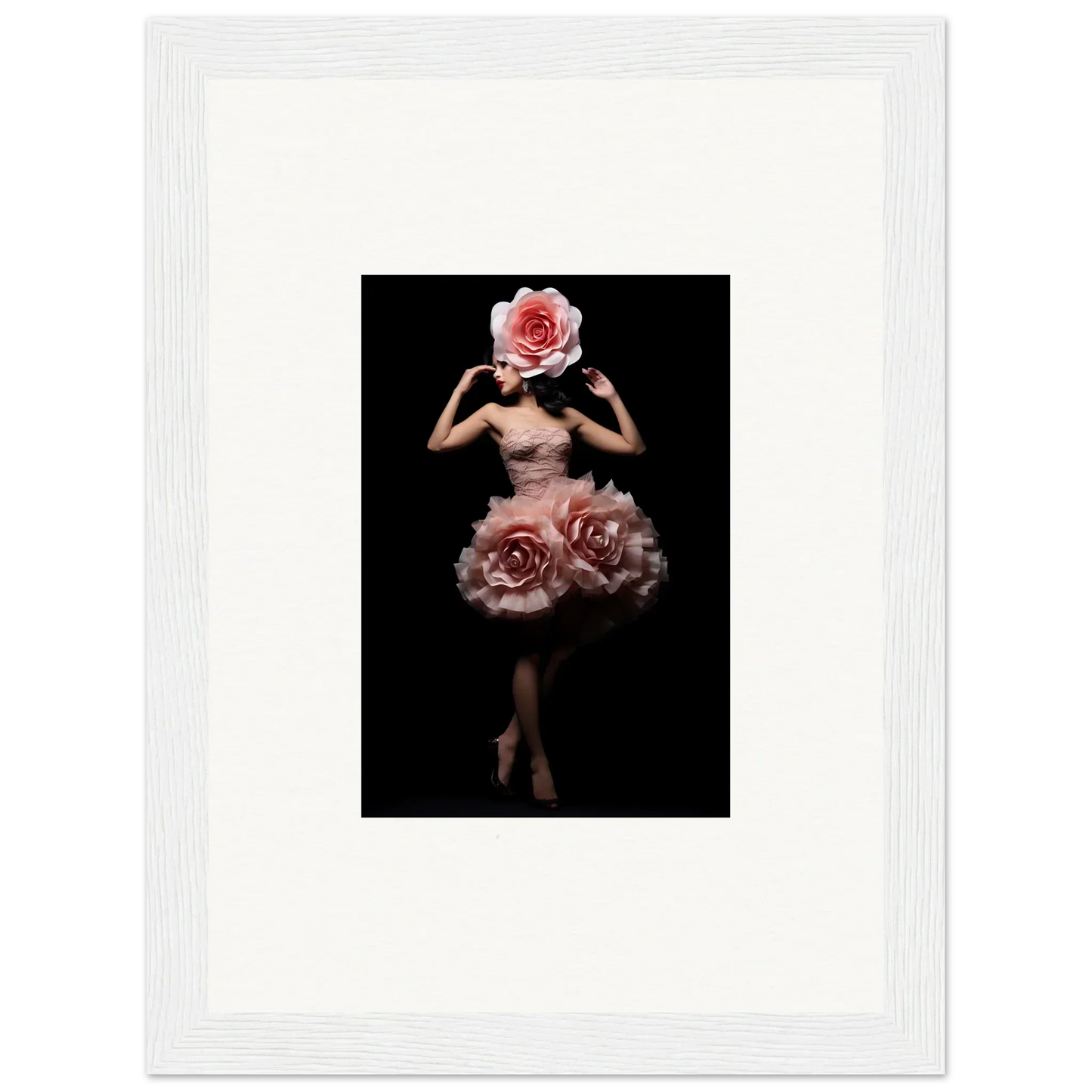 Surreal figure with a rose for a head and roses forming a skirt-like shape around the lower body.