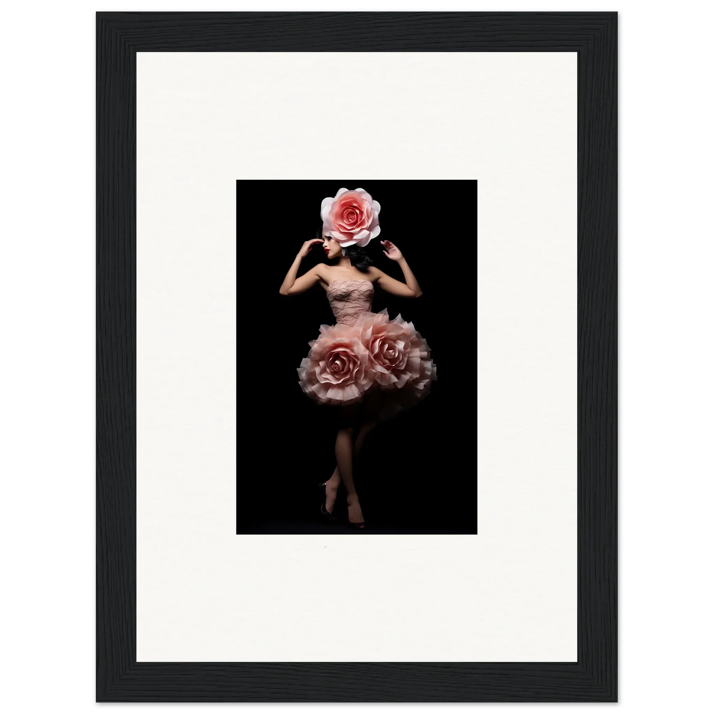 Surreal figure with a rose for a head and roses forming a skirt-like shape around the lower body.