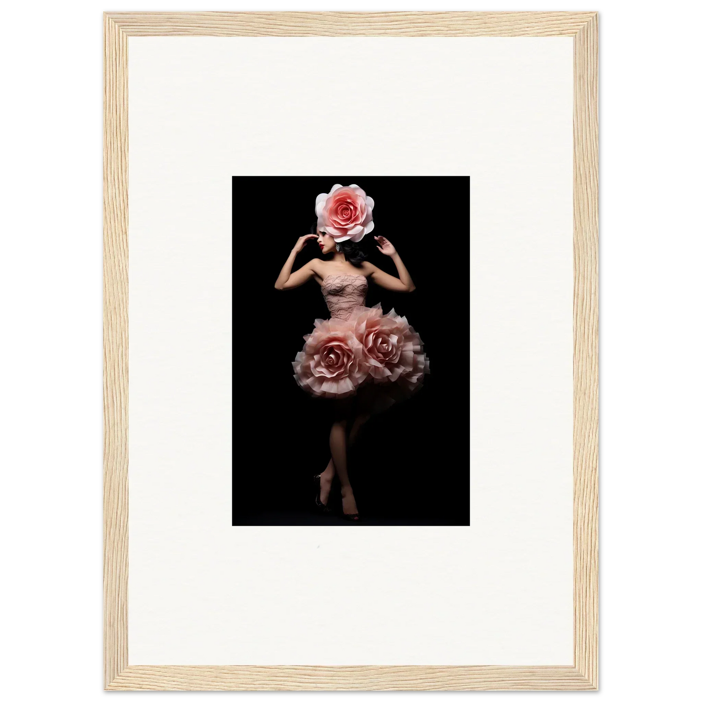 Surreal figure with a rose for a head and roses forming a skirt-like shape around the lower body.