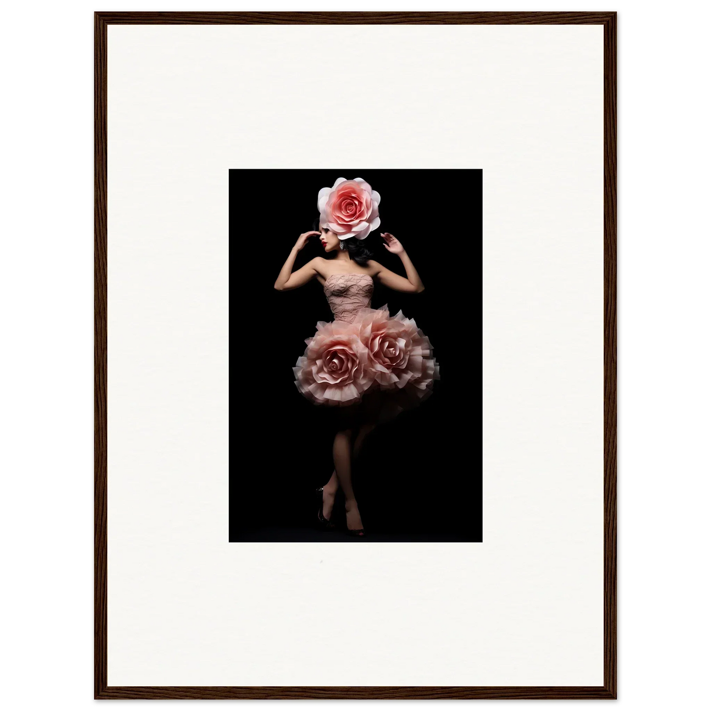 Surreal figure with a rose for a head and roses forming a skirt-like shape around the lower body.