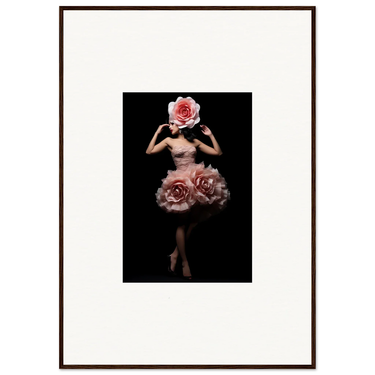 Surreal figure with a rose for a head and a dress made of pink roses against a dark background.