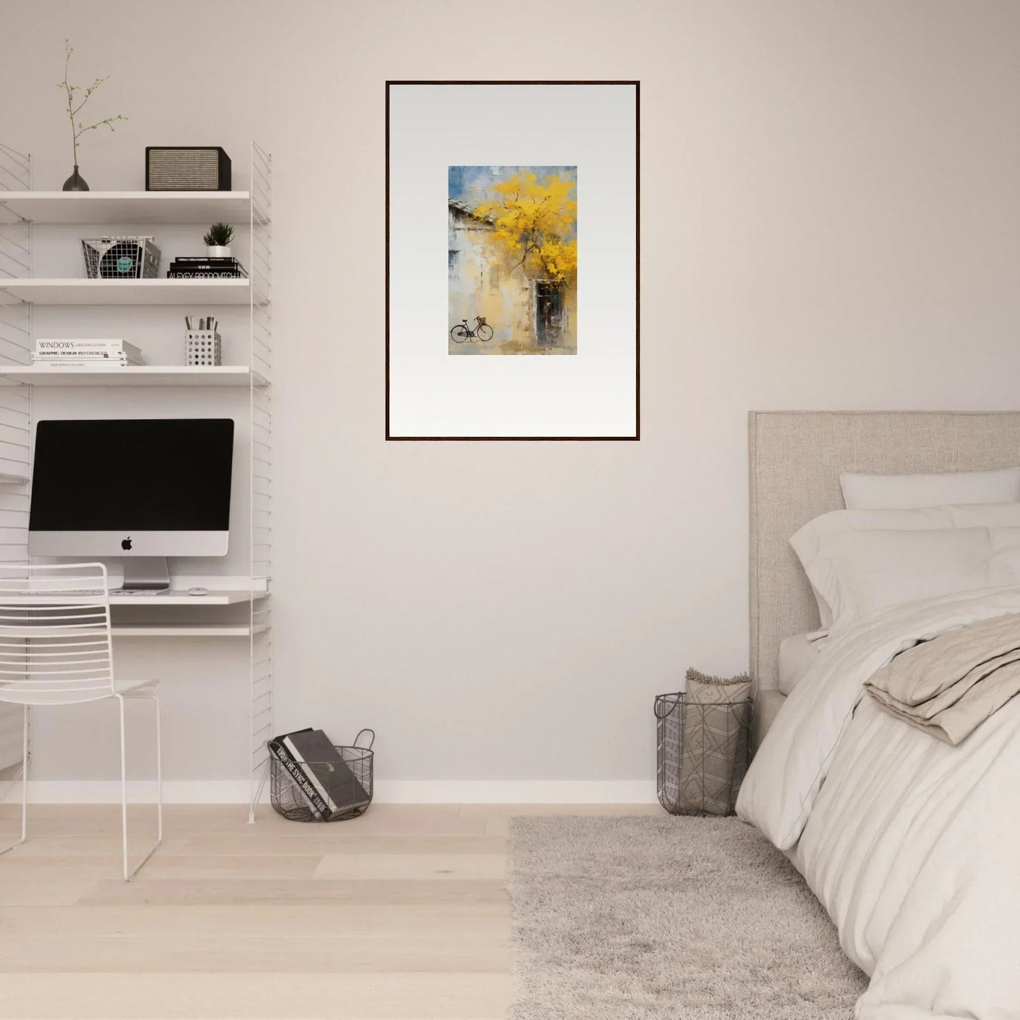 Modern bedroom with white decor and floating shelves featuring Whispers Breezing Fernscapes
