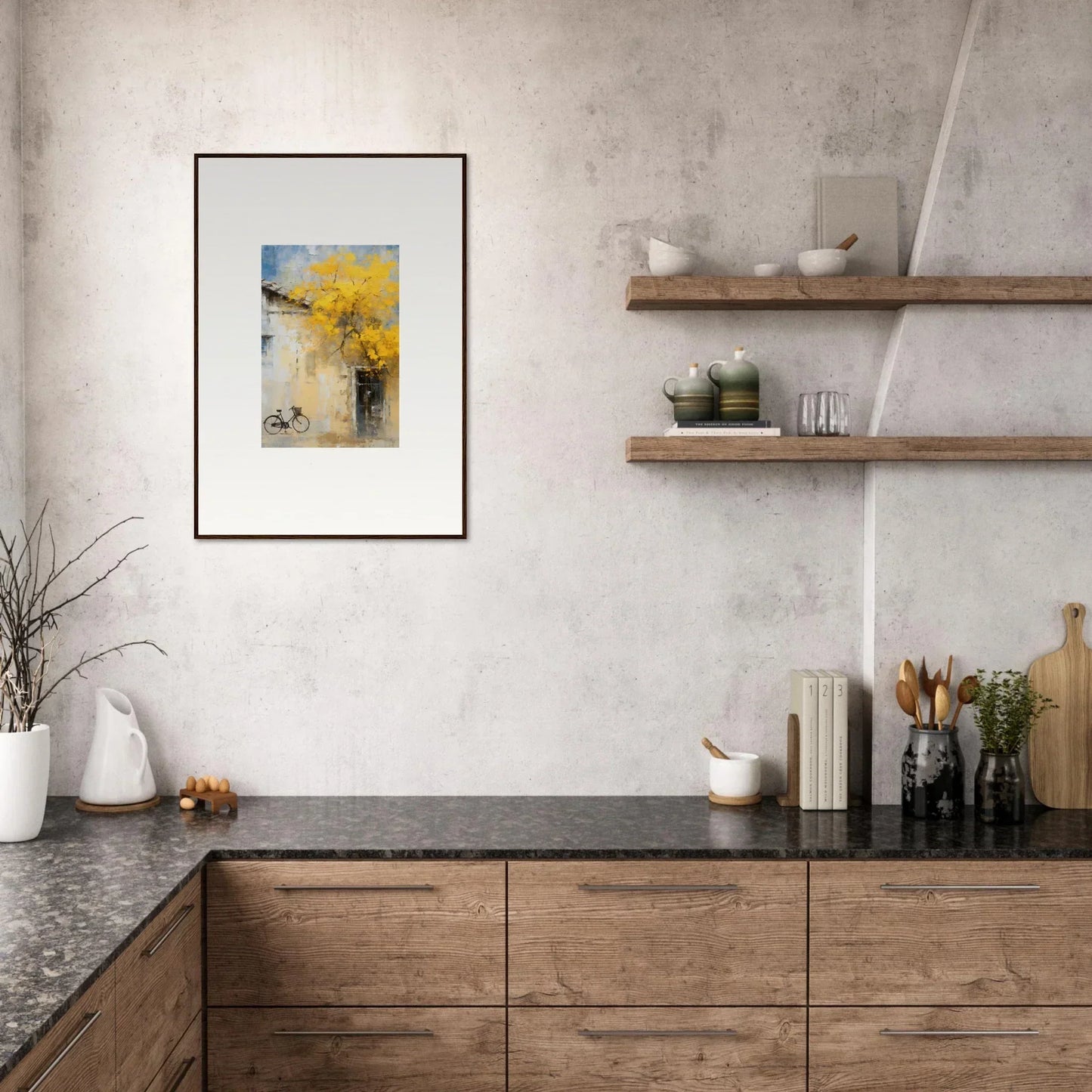 Modern kitchen cabinetry with wooden fronts and dark countertops from Whispers Breezing Fernscapes