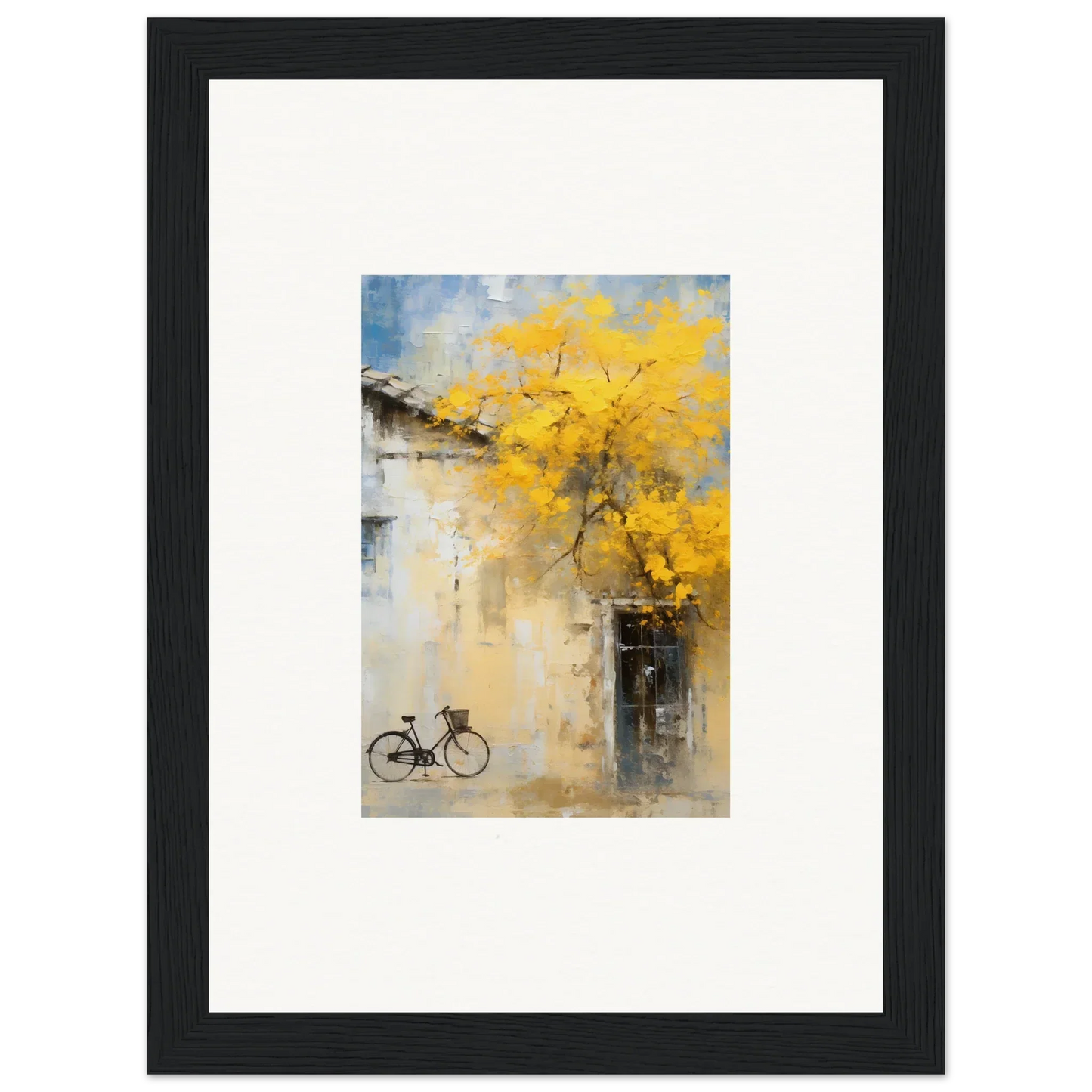 Framed watercolor art of a bike under yellow trees from Whispers Breezing Fernscapes