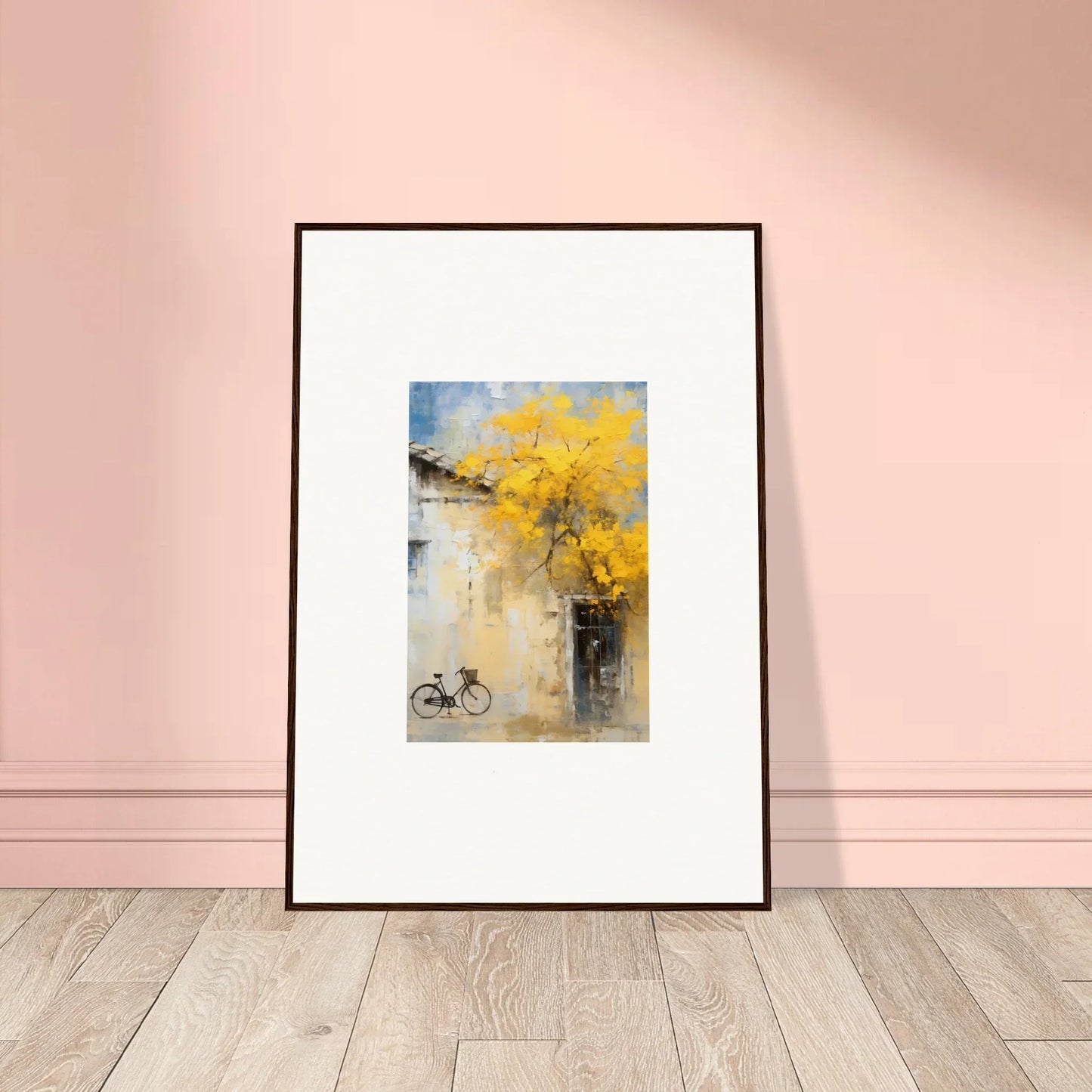 Framed watercolor of a bicycle under yellow blossoms in Whispers Breezing Fernscapes