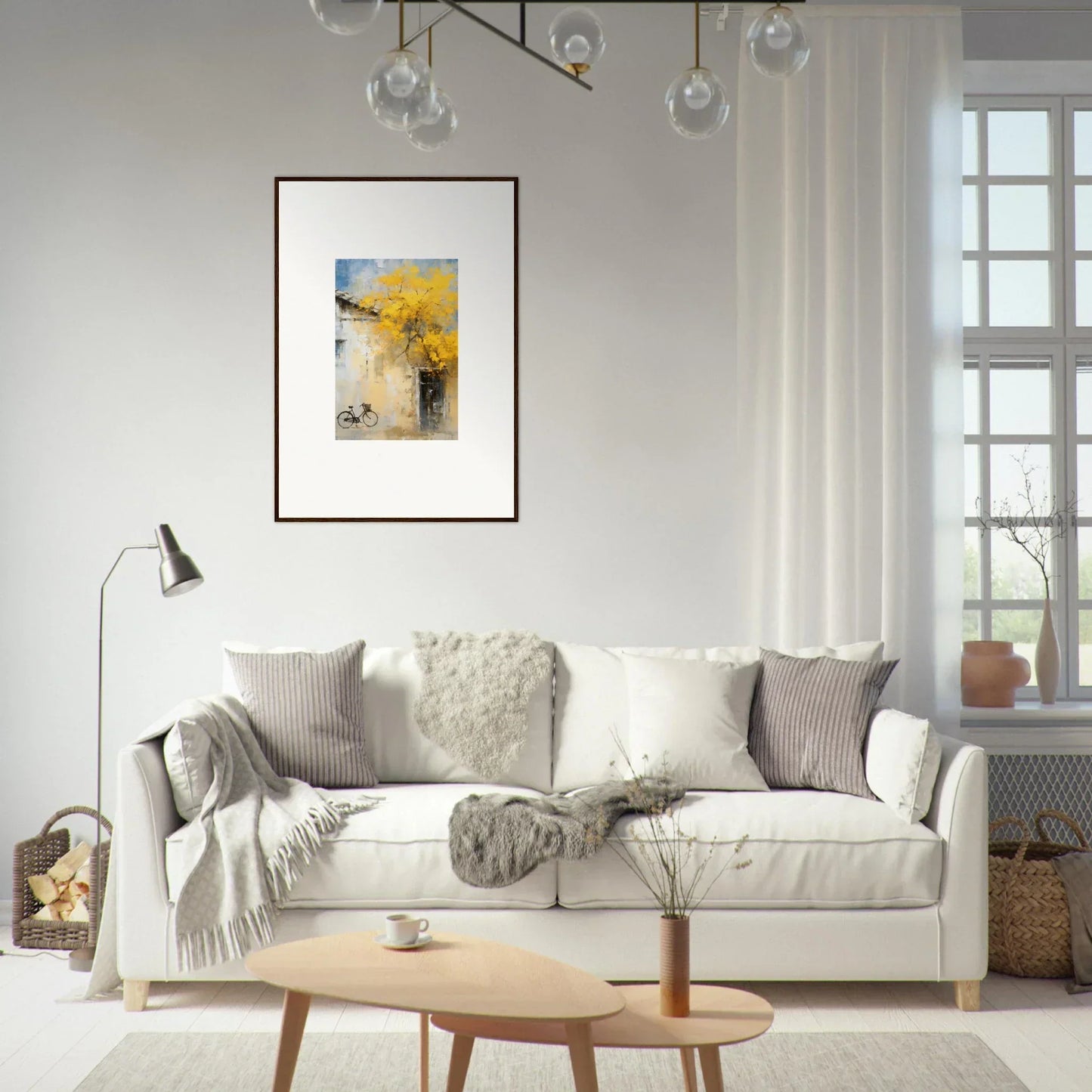 White sofa adorned with gray and cream pillows from Whispers Breezing Fernscapes