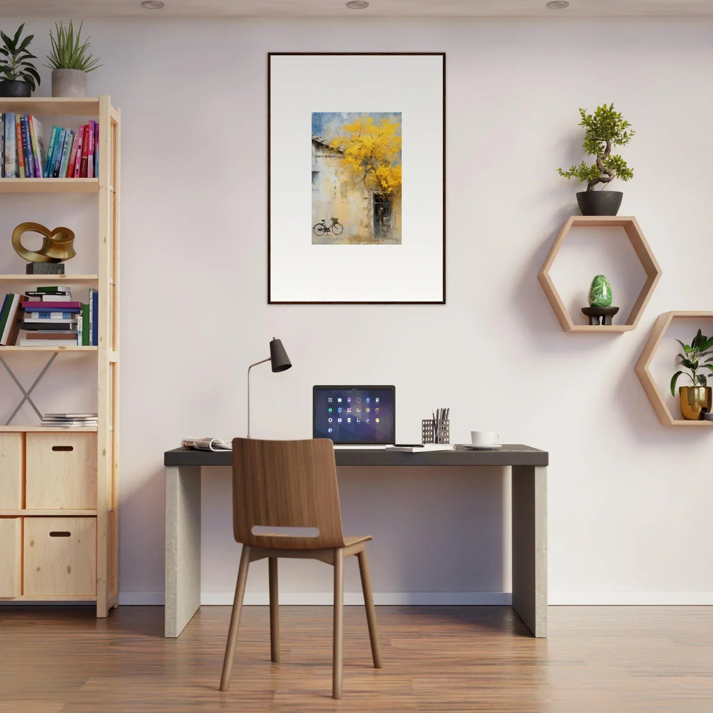 Modern home office with dark desk and wooden chair, featuring Whispers Breezing Fernscapes