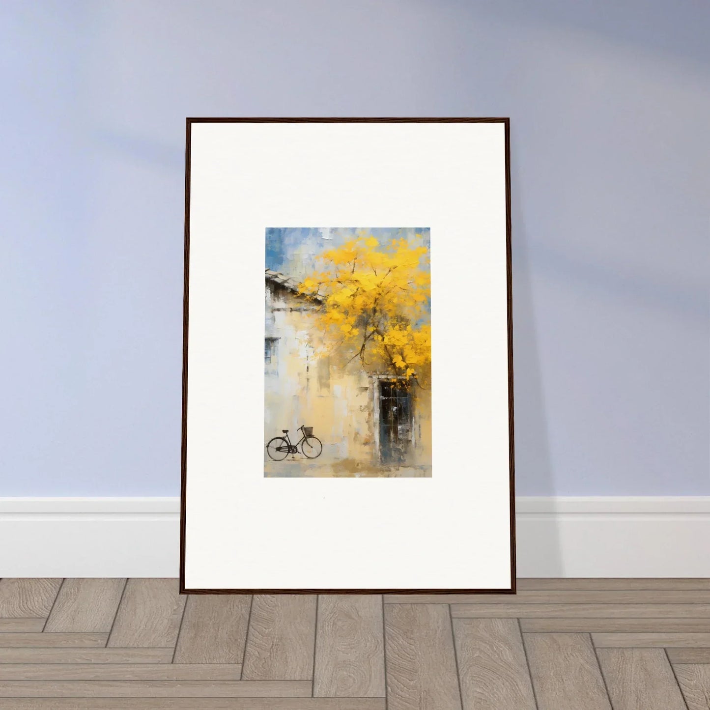 Framed watercolor bike art under yellow flowers from Whispers Breezing Fernscapes