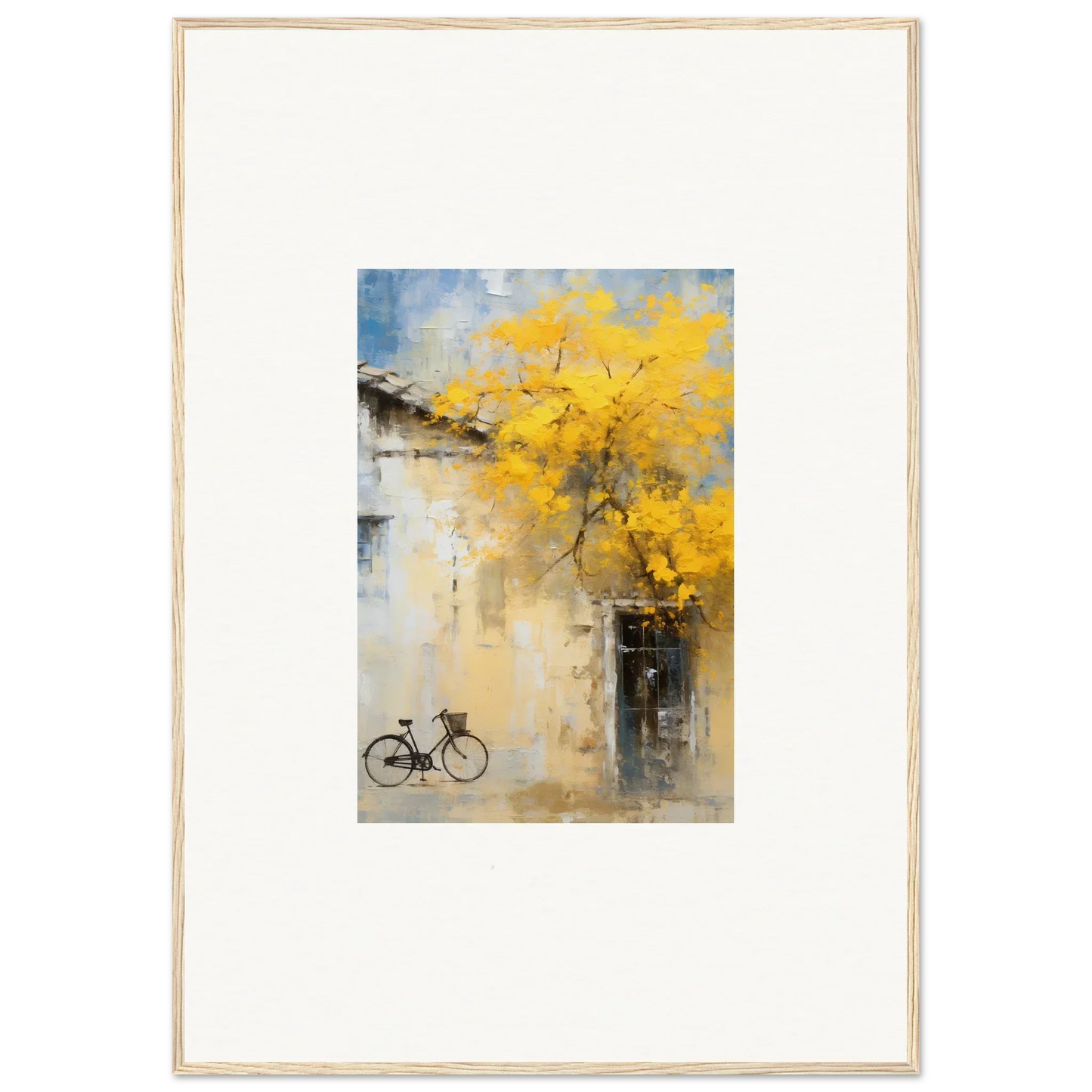 Framed watercolor bike art under yellow autumn leaves from Whispers Breezing Fernscapes
