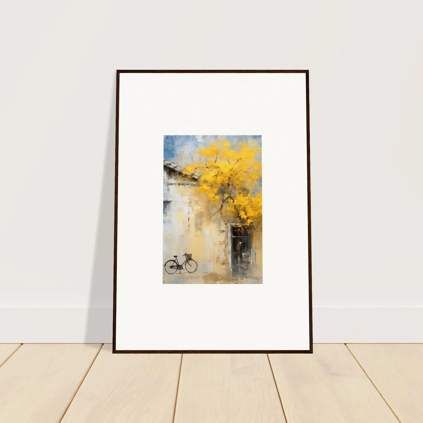 Framed watercolor of a bike under yellow blooms from Whispers Breezing Fernscapes