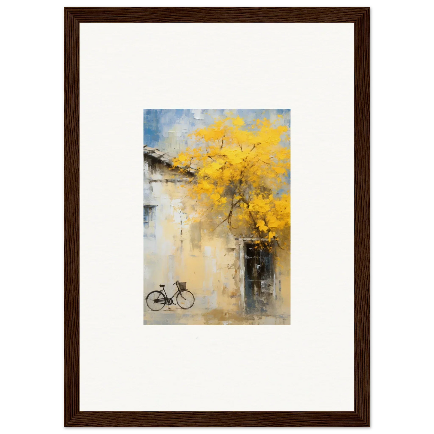 Framed watercolor of a bike under a yellow tree from Whispers Breezing Fernscapes