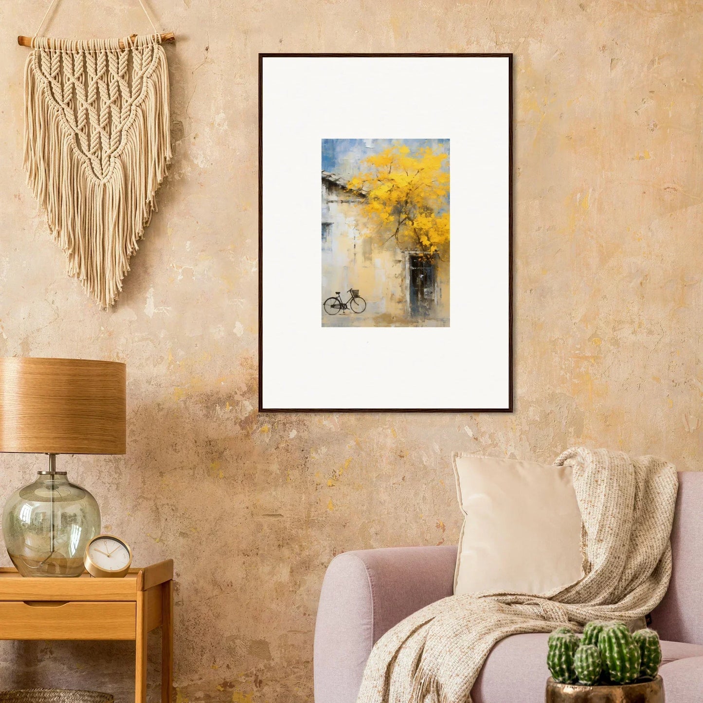 Framed watercolor of a yellow flowering tree by a building, part of Whispers Breezing Fernscapes
