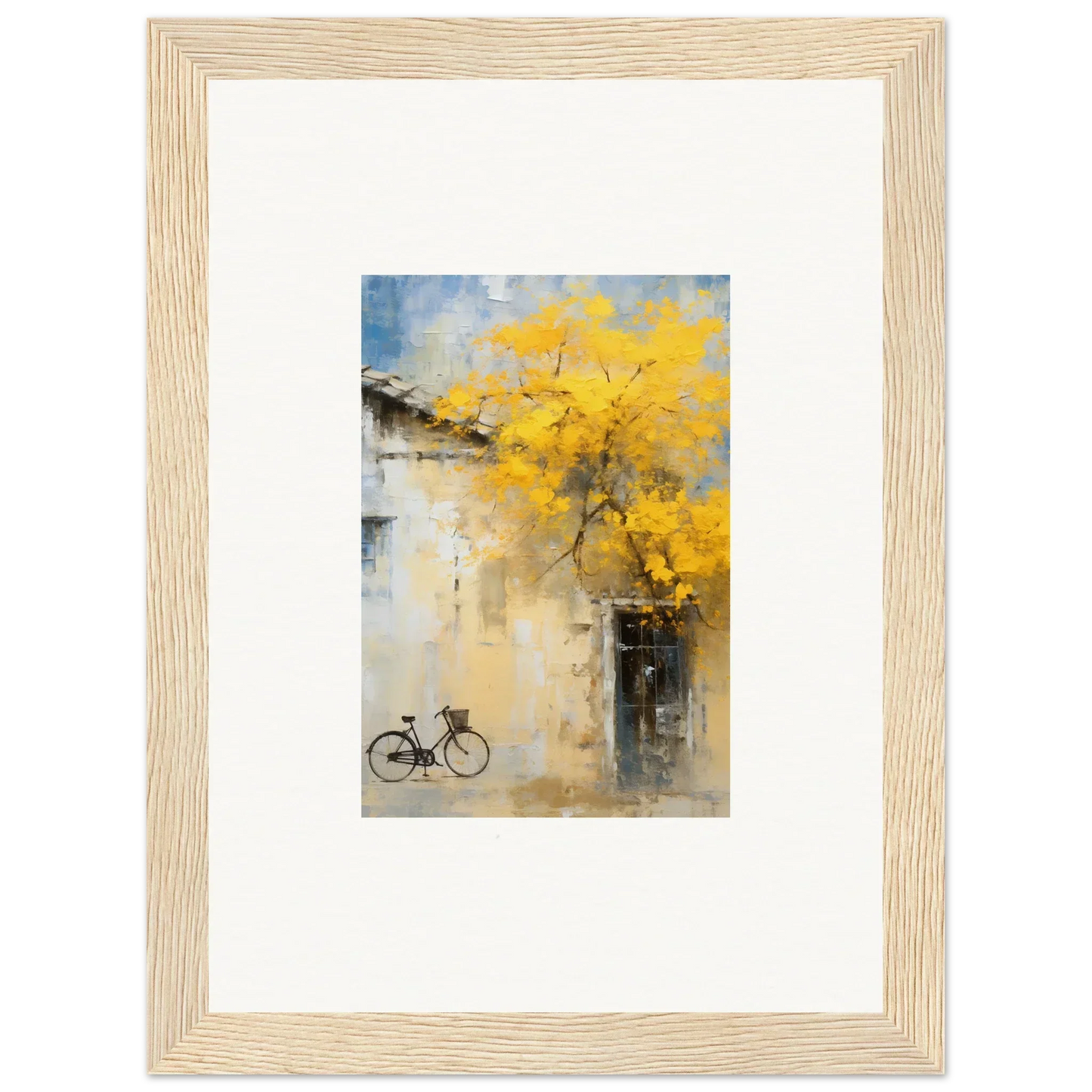 Framed watercolor of a bike under a yellow tree from Whispers Breezing Fernscapes