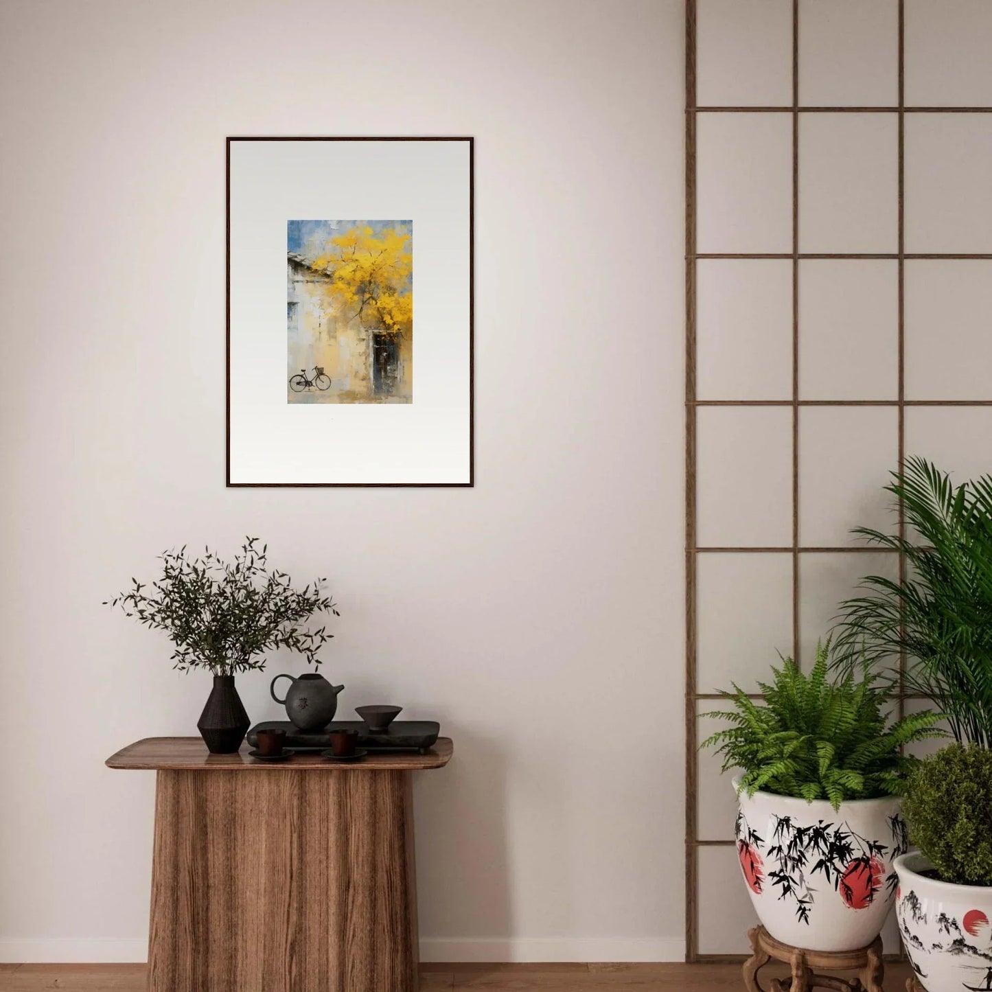 Framed abstract art with yellow and black brushstrokes from Whispers Breezing Fernscapes