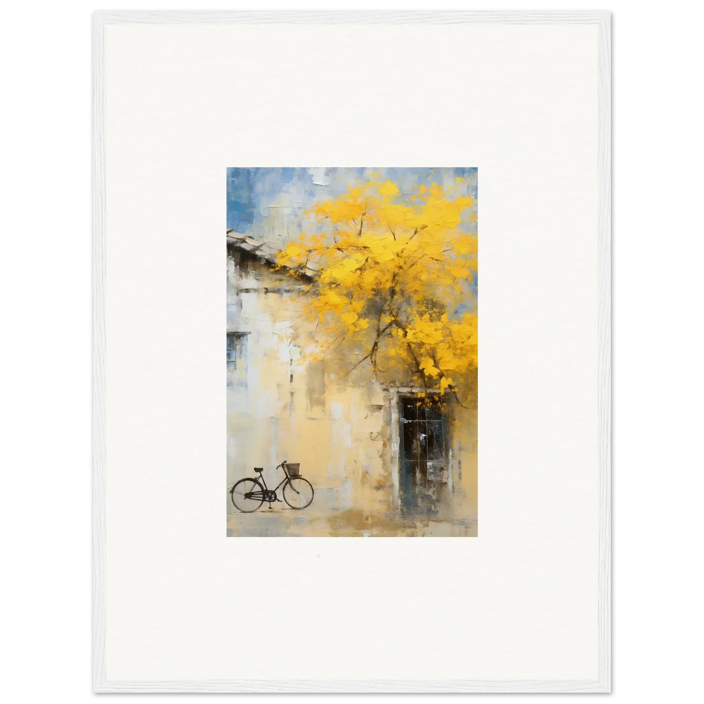 Framed watercolor of a bike under yellow leaves from Whispers Breezing Fernscapes