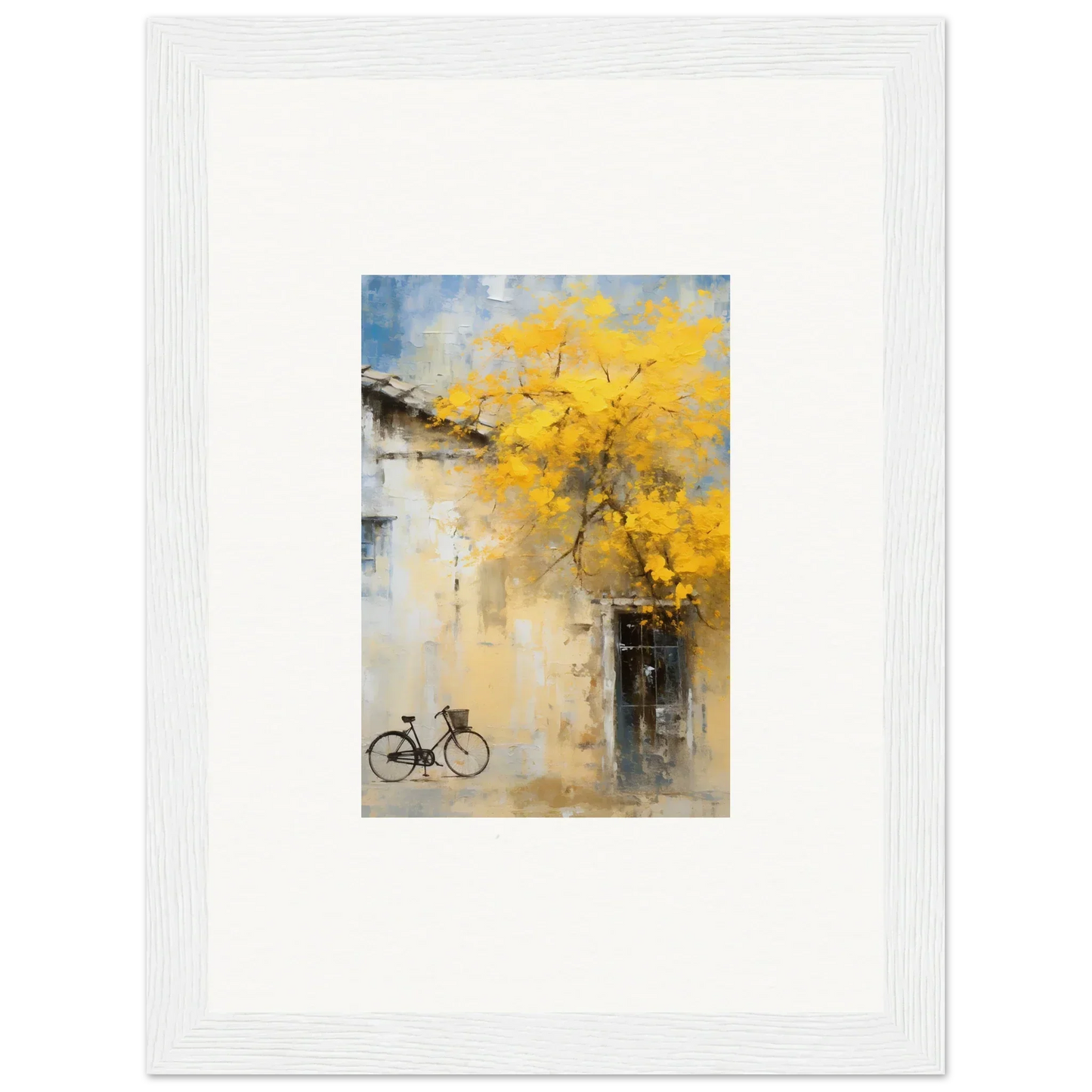 Framed watercolor of a bike under a yellow tree in Whispers Breezing Fernscapes
