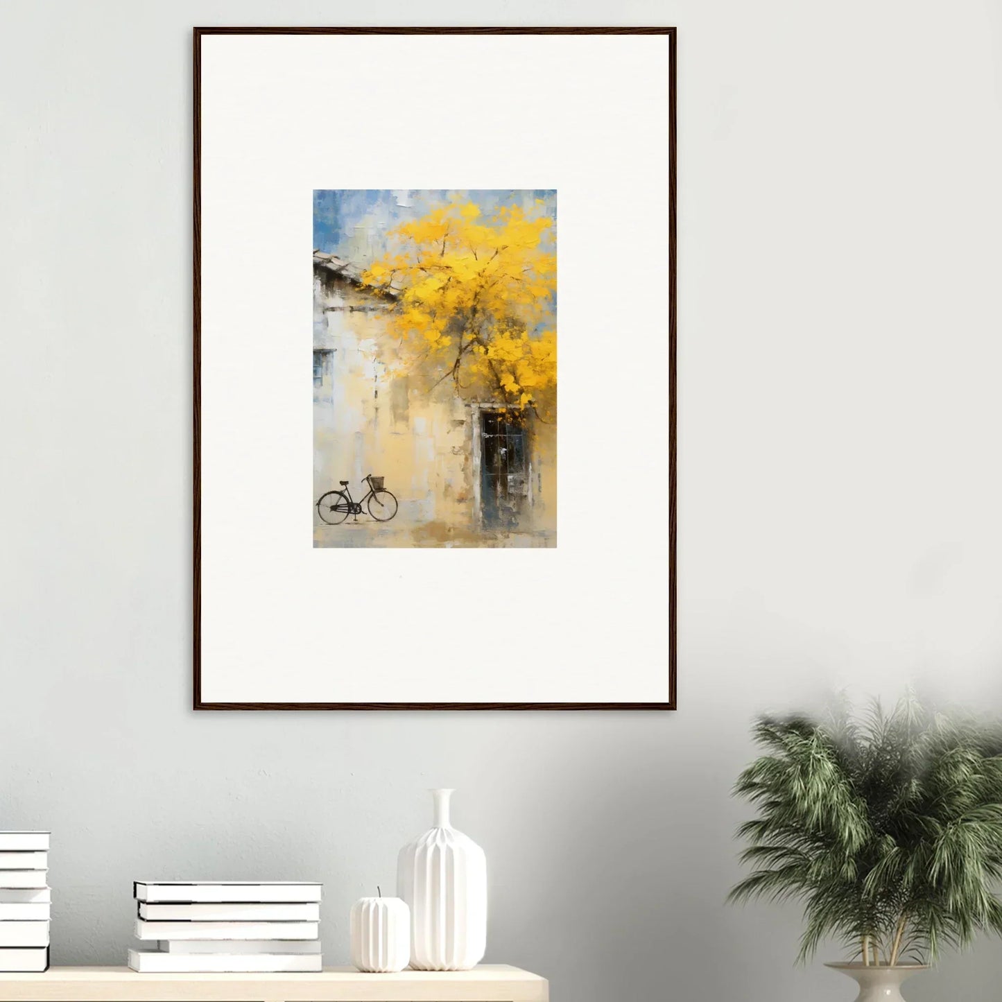 Framed watercolor of a bike by a building with yellow trees from Whispers Breezing Fernscapes