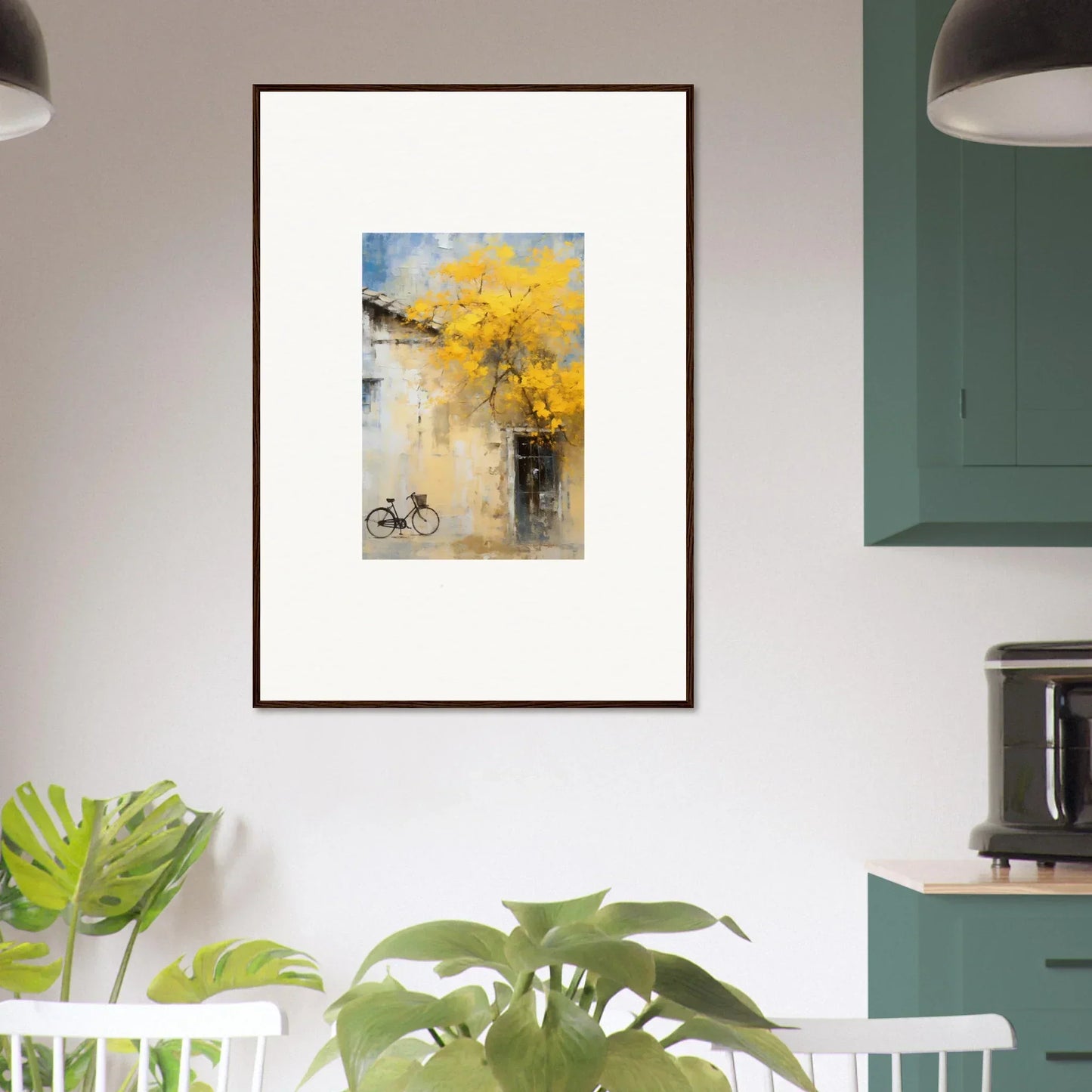 Framed watercolor art of a bicycle under yellow blossoms from Whispers Breezing Fernscapes