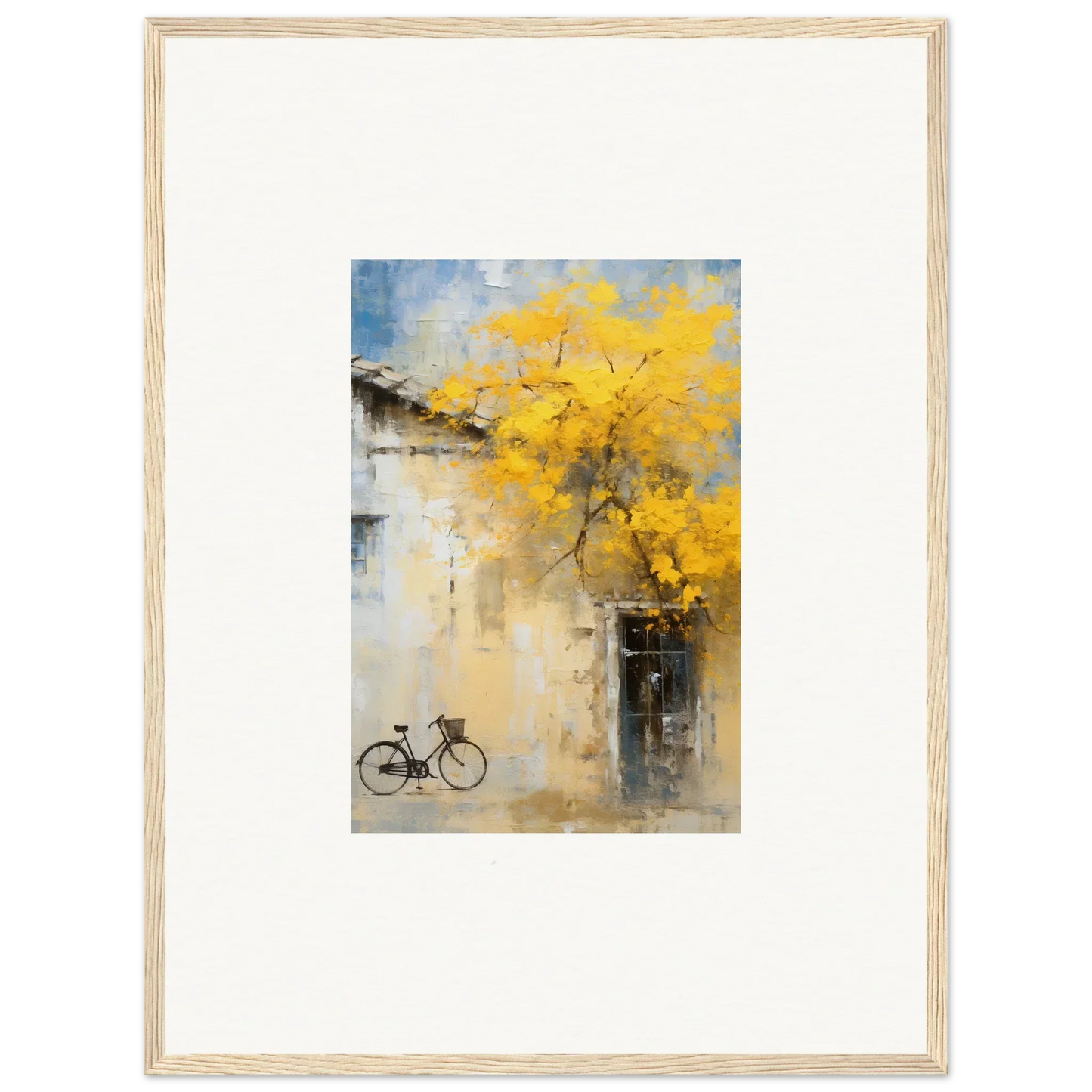 Framed watercolor of a bicycle under autumn leaves from Whispers Breezing Fernscapes